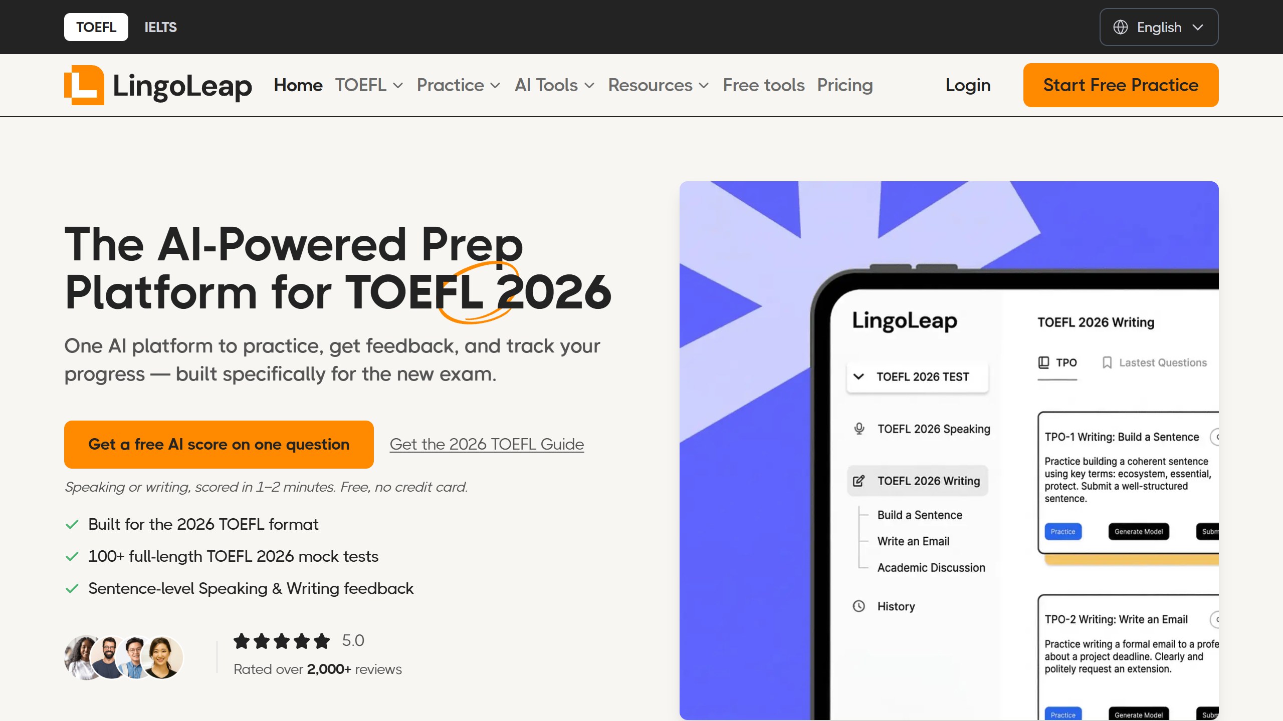 LingoLeap homepage headline The AI-Powered Prep Platform for TOEFL 2026, with a Get a free AI score on one question button and a preview of its TOEFL 2026 writing practice