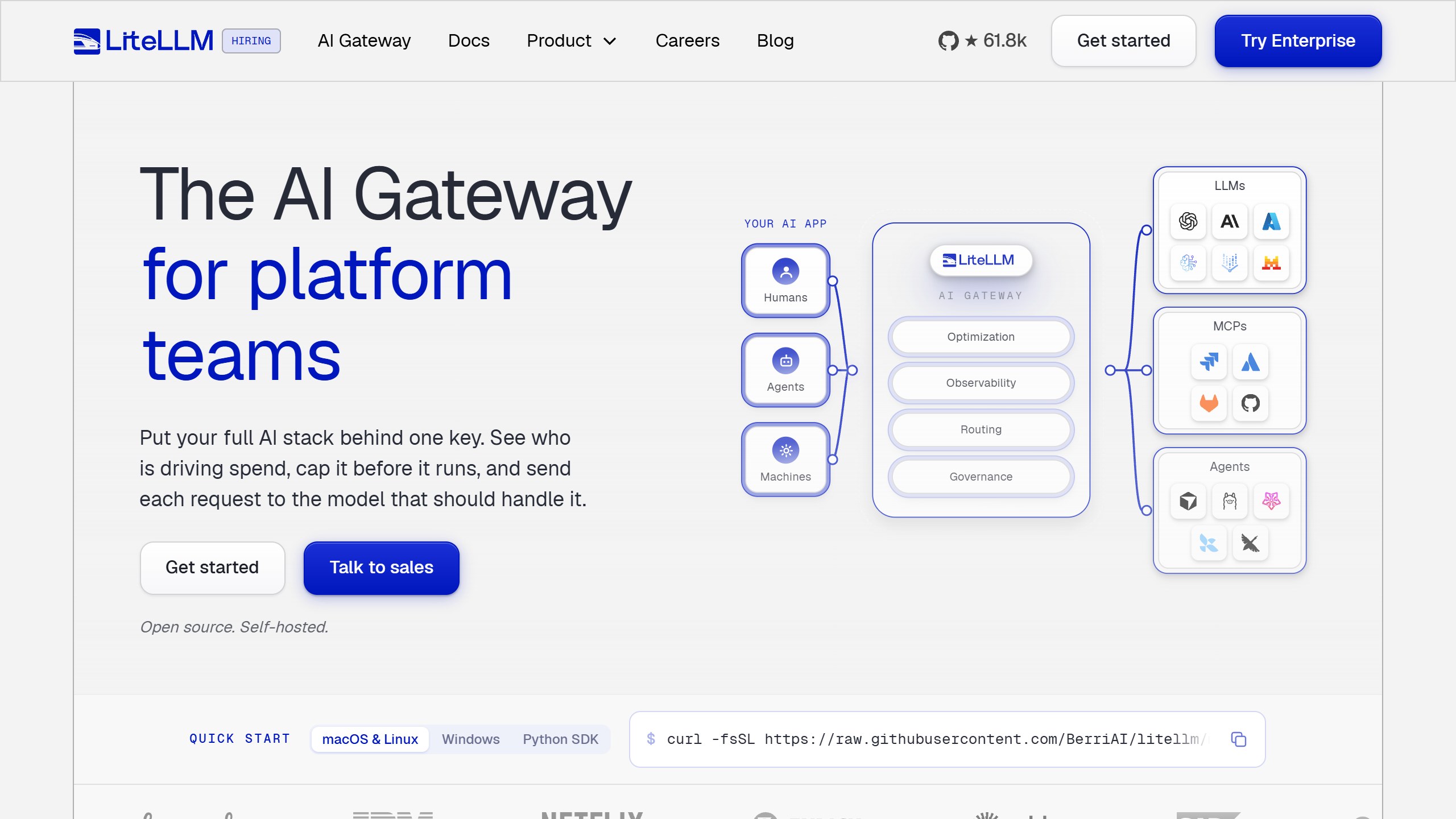 LiteLLM homepage headline The AI Gateway for platform teams, noting Open source. Self-hosted, beside a diagram routing humans, agents and machines through LiteLLM to LLMs, MCP servers and agents