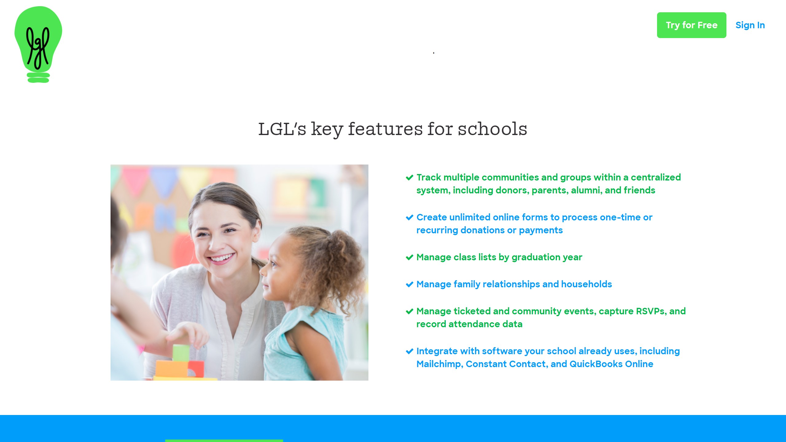 Little Green Light key features for schools, including tracking donors, parents, alumni and friends, managing class lists by graduation year, and managing family relationships and households