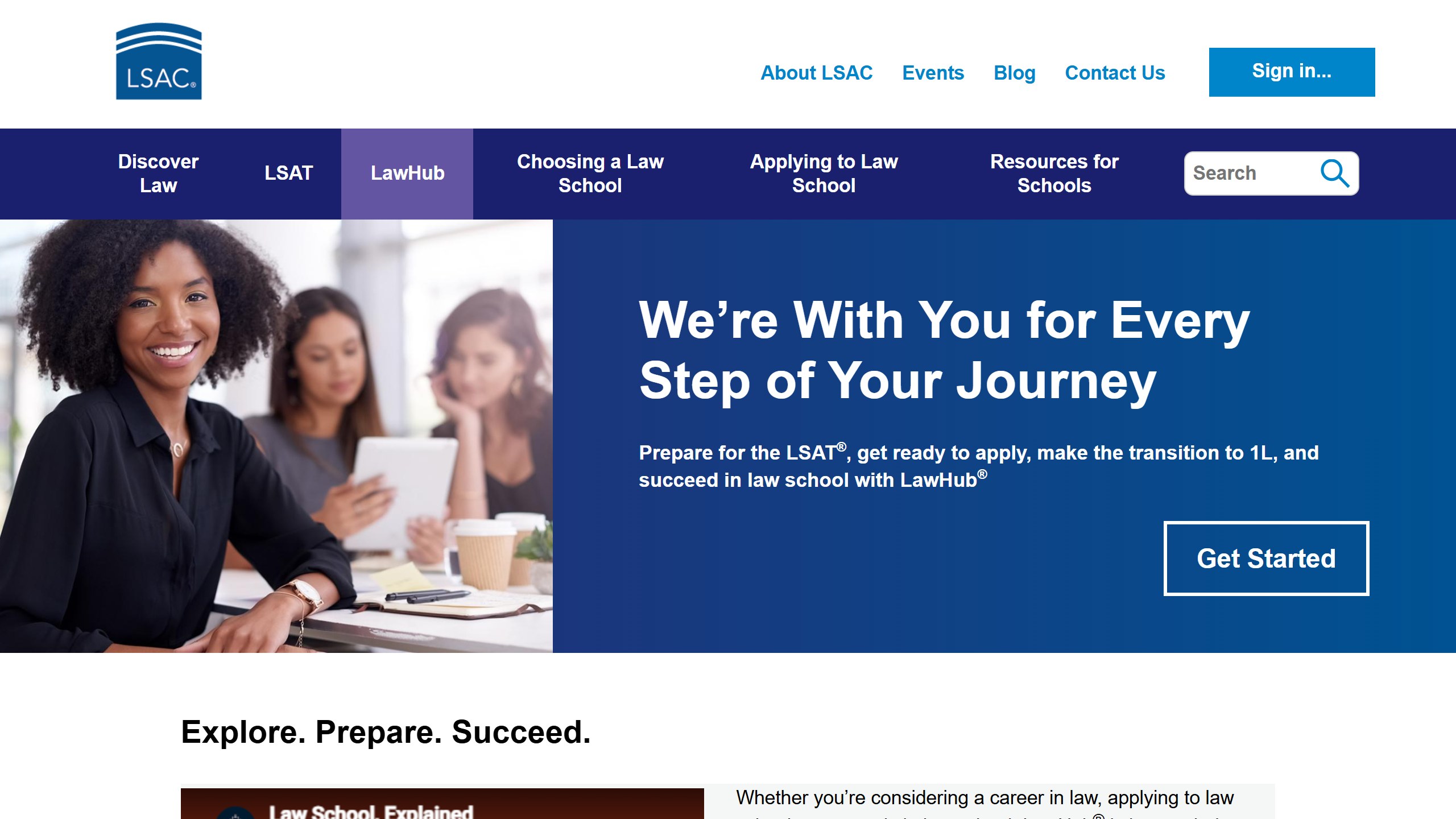 LSAC LawHub page headline We're With You for Every Step of Your Journey, saying prepare for the LSAT, get ready to apply and succeed in law school with LawHub, with a Get Started button