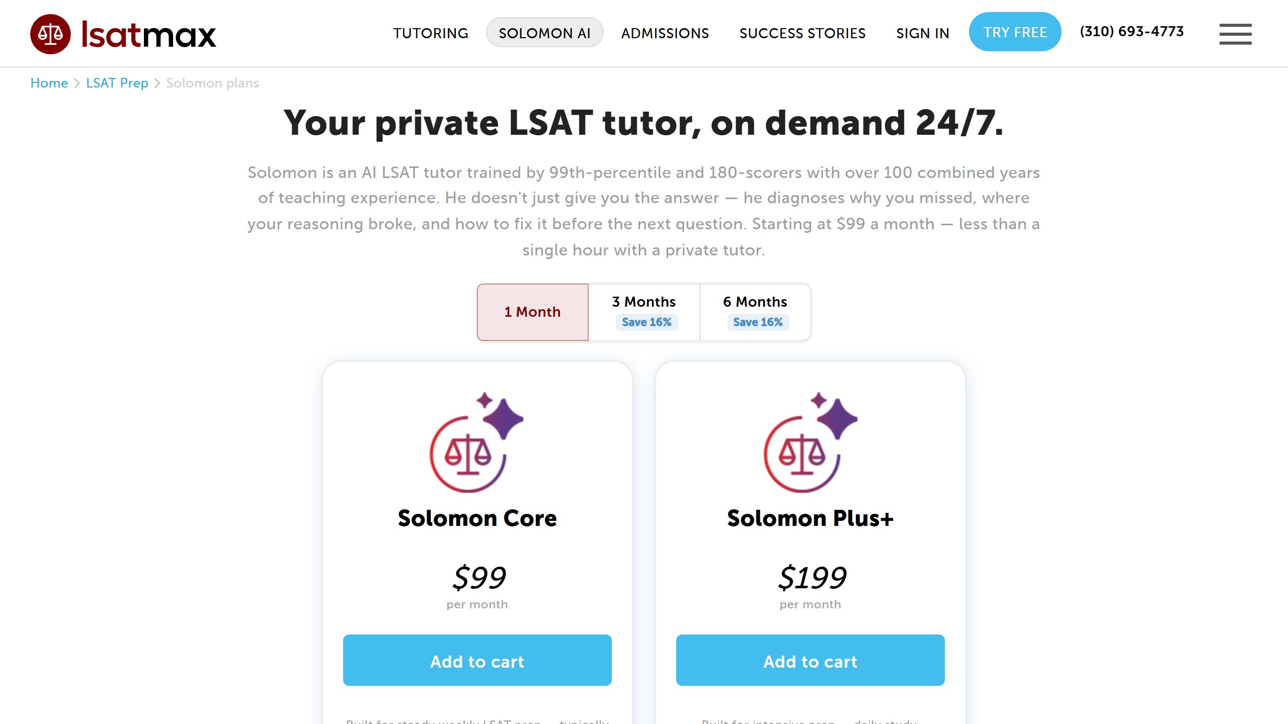 LSATMax Solomon plans page headline Your private LSAT tutor, on demand 24/7, with Solomon Core at 99 dollars per month and Solomon Plus at 199 dollars per month on the one month toggle