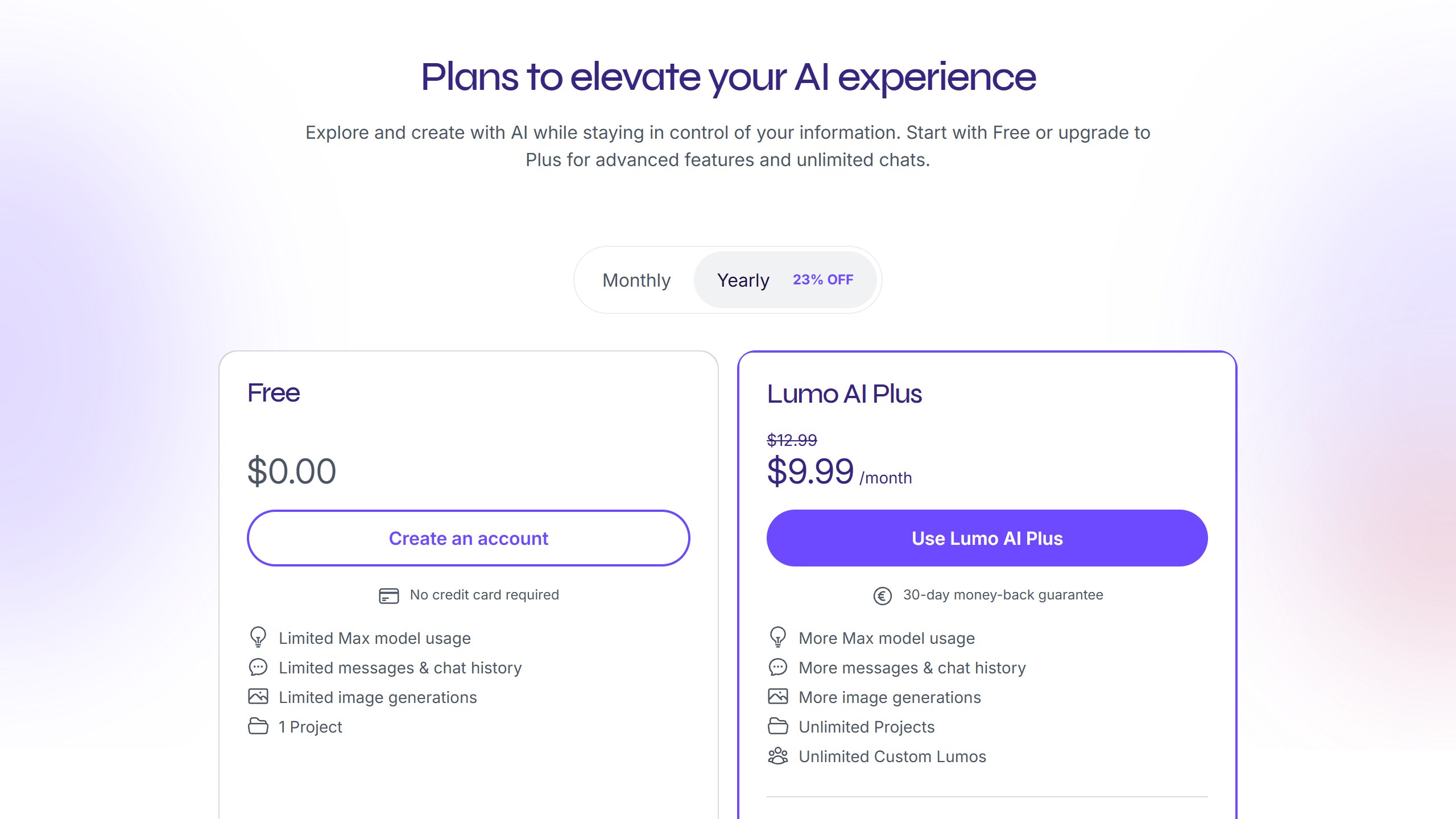 Proton Lumo pricing page with yearly billing selected, showing Free at $0.00 and Lumo AI Plus at $9.99 a month, struck from $12.99, with a 30-day money-back guarantee