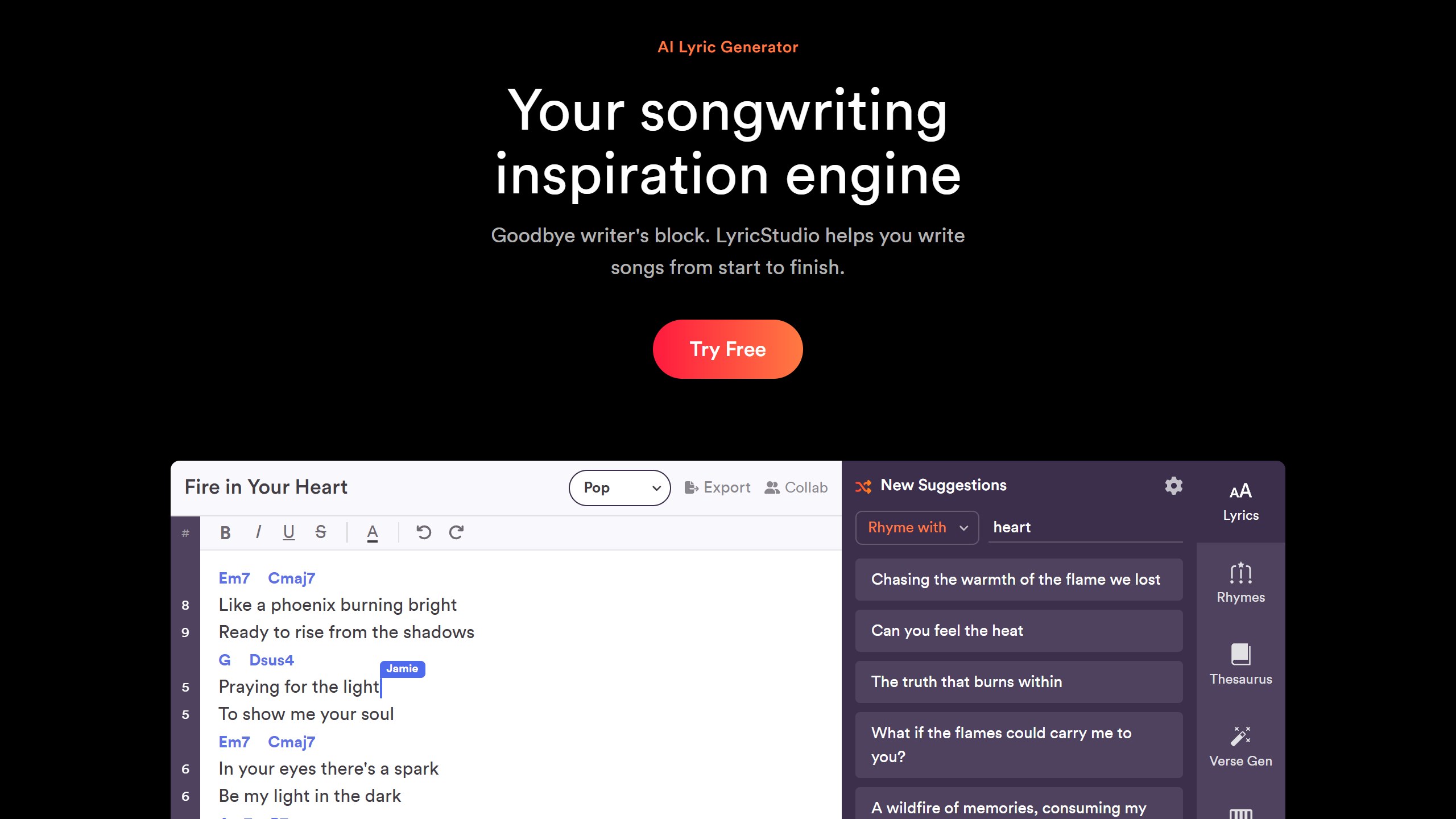 LyricStudio homepage headline Your songwriting inspiration engine, with a Try Free button above an editor showing lyrics with chord labels and a panel of rhyme suggestions