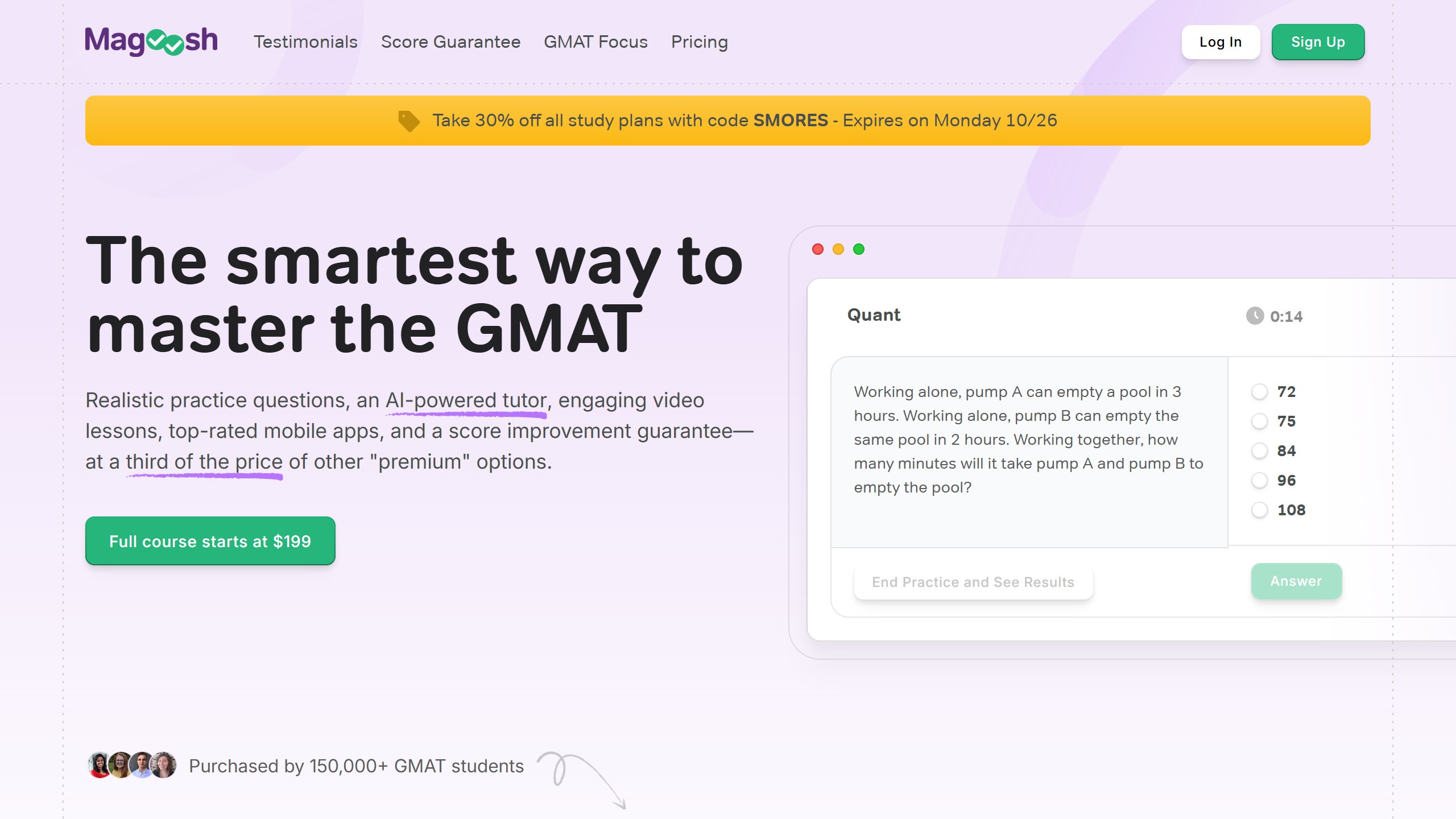 Magoosh GMAT homepage headline The smartest way to master the GMAT, mentioning an AI-powered tutor and a score improvement guarantee, with a Full course starts at 199 dollars button