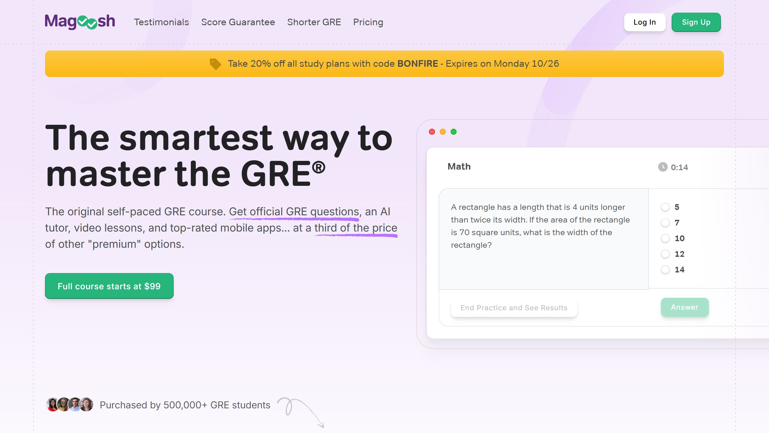 Magoosh GRE homepage headline The smartest way to master the GRE, mentioning official GRE questions and an AI tutor, with a Full course starts at 99 dollars button