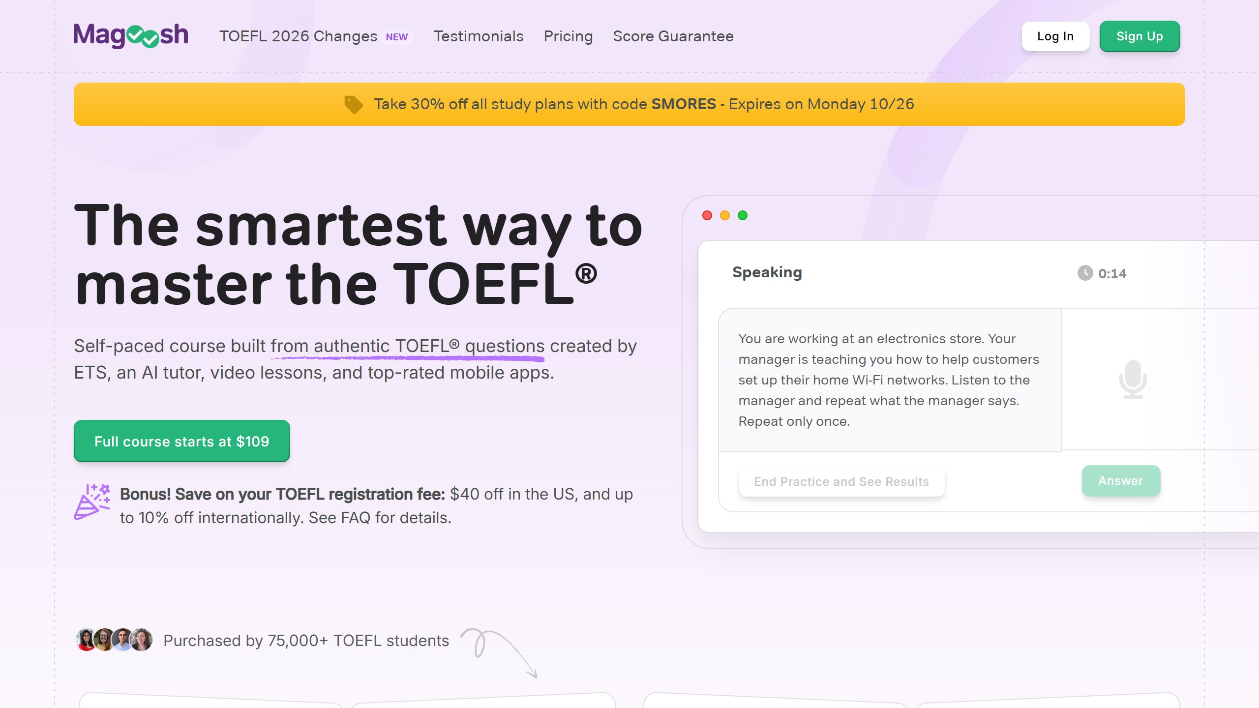 Magoosh TOEFL homepage headline The smartest way to master the TOEFL, describing a self-paced course built from authentic TOEFL questions created by ETS with an AI tutor, and a Full course starts at 109 dollars button