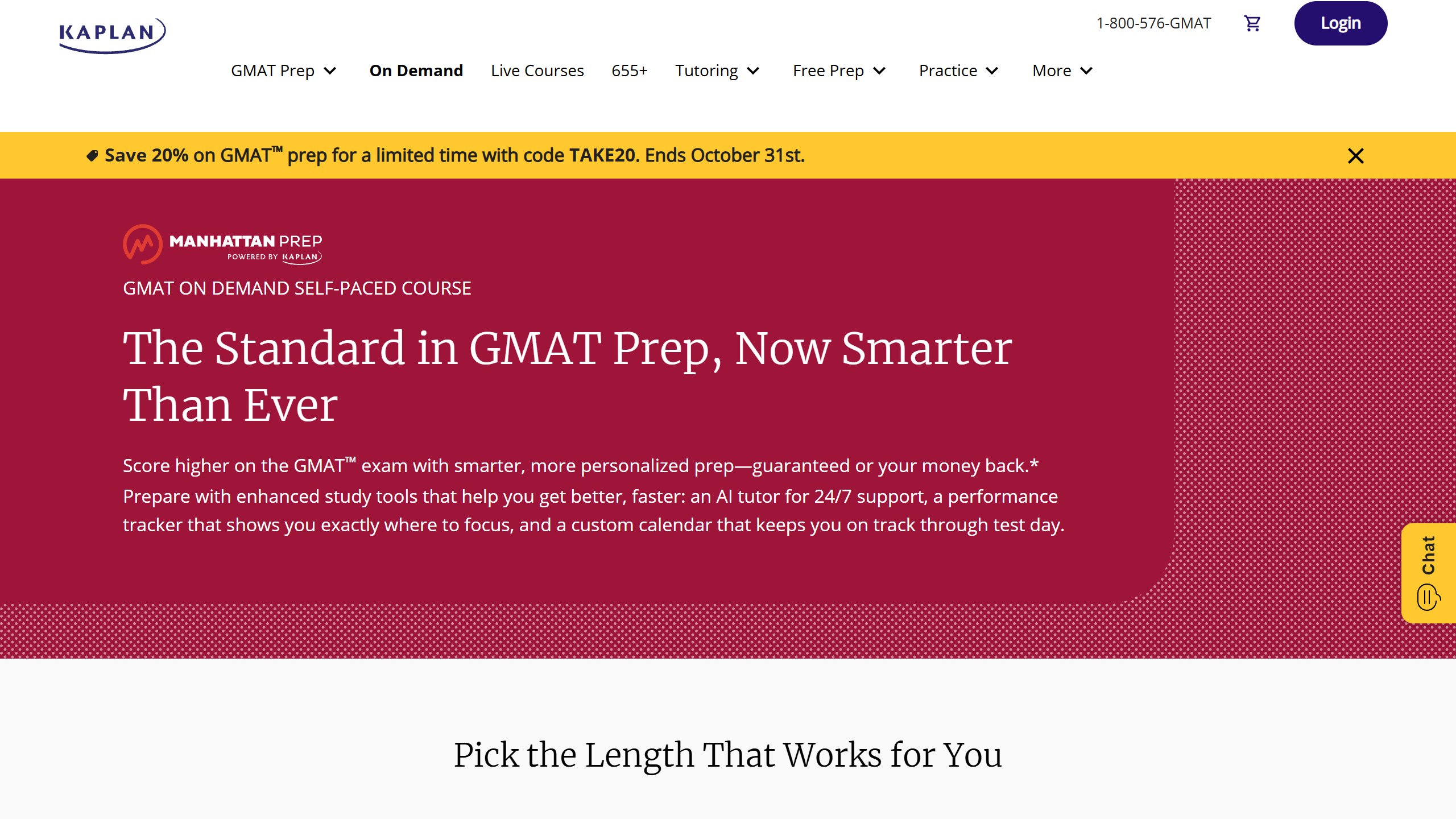 Manhattan Prep GMAT On Demand course page on kaptest.com, headline The Standard in GMAT Prep, Now Smarter Than Ever, mentioning an AI tutor for 24/7 support and a TAKE20 promo ending October 31st