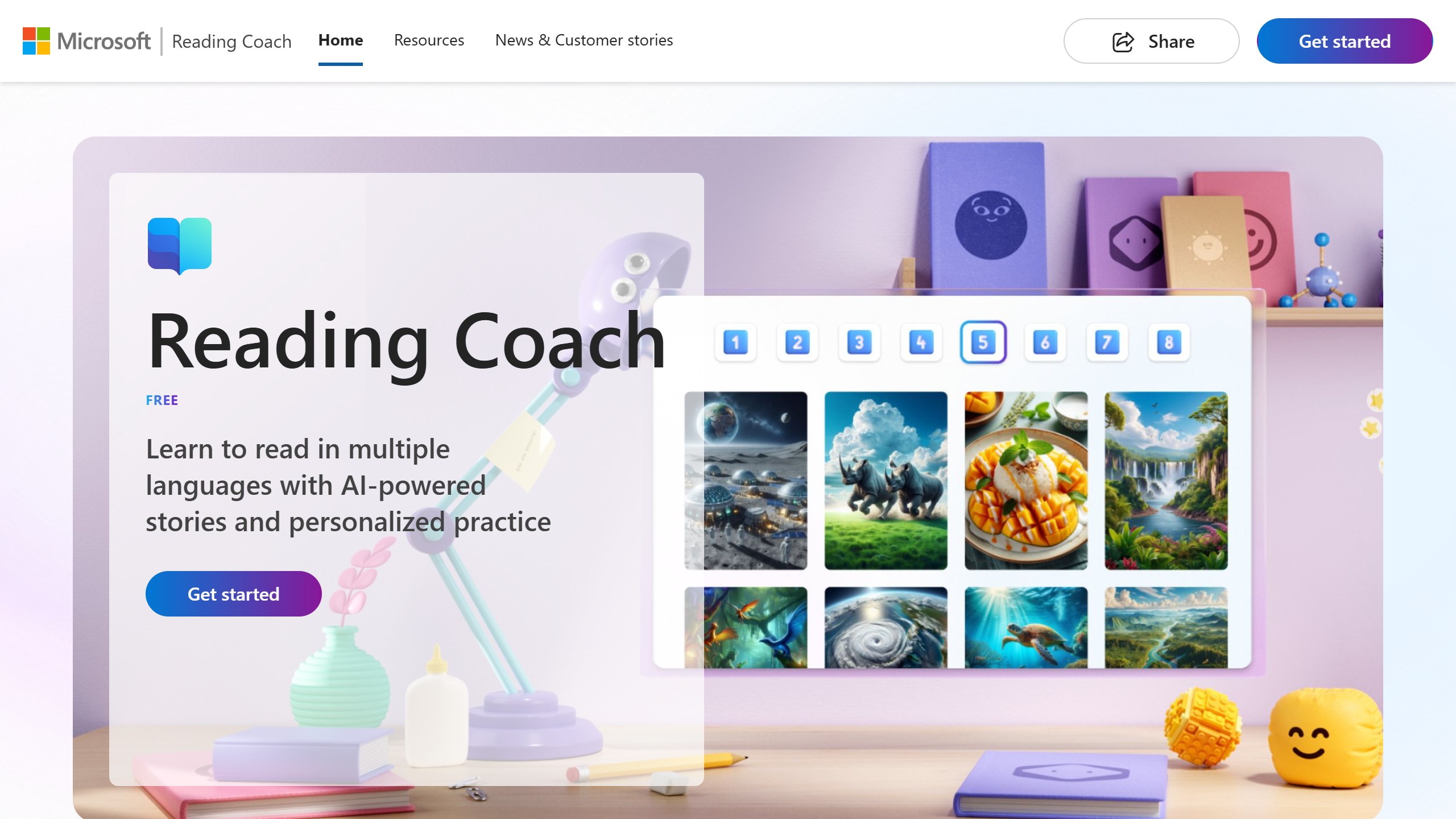 Microsoft Reading Coach homepage marked Free, with the line Learn to read in multiple languages with AI-powered stories and personalized practice, and a grid of story images