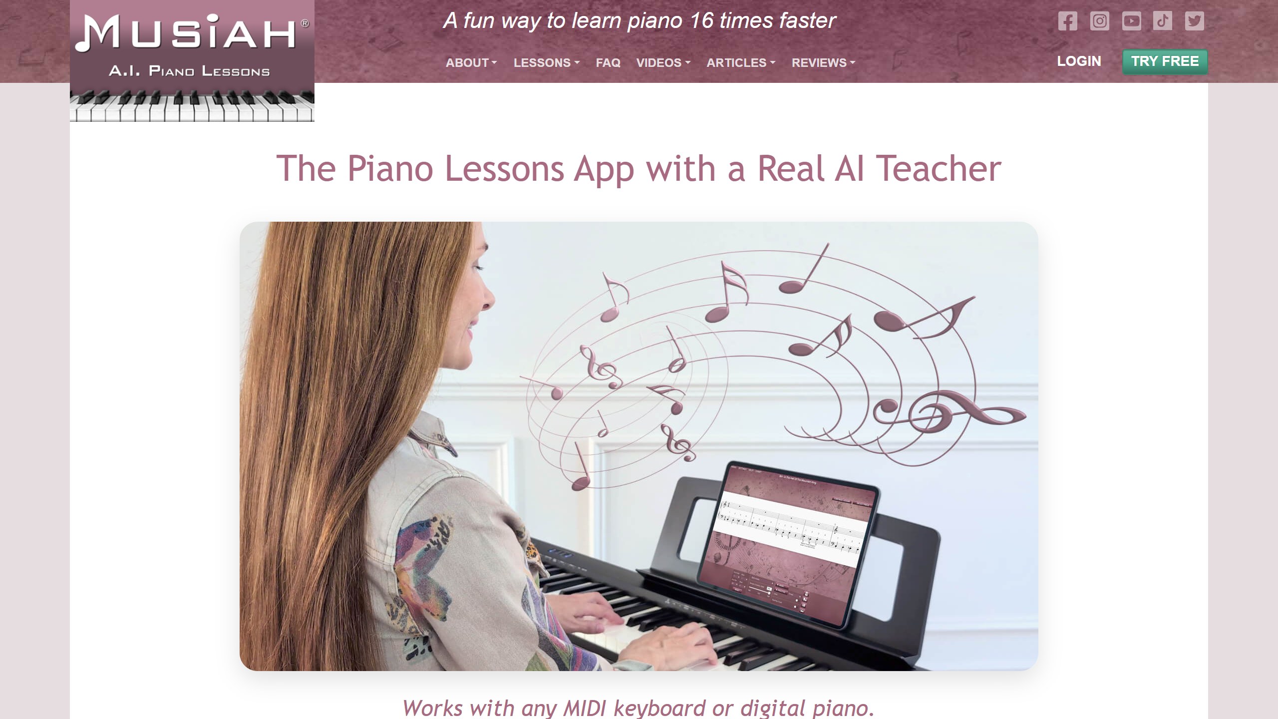 Musiah homepage headline The Piano Lessons App with a Real AI Teacher, showing a woman playing a digital piano with a tablet, captioned works with any MIDI keyboard or digital piano