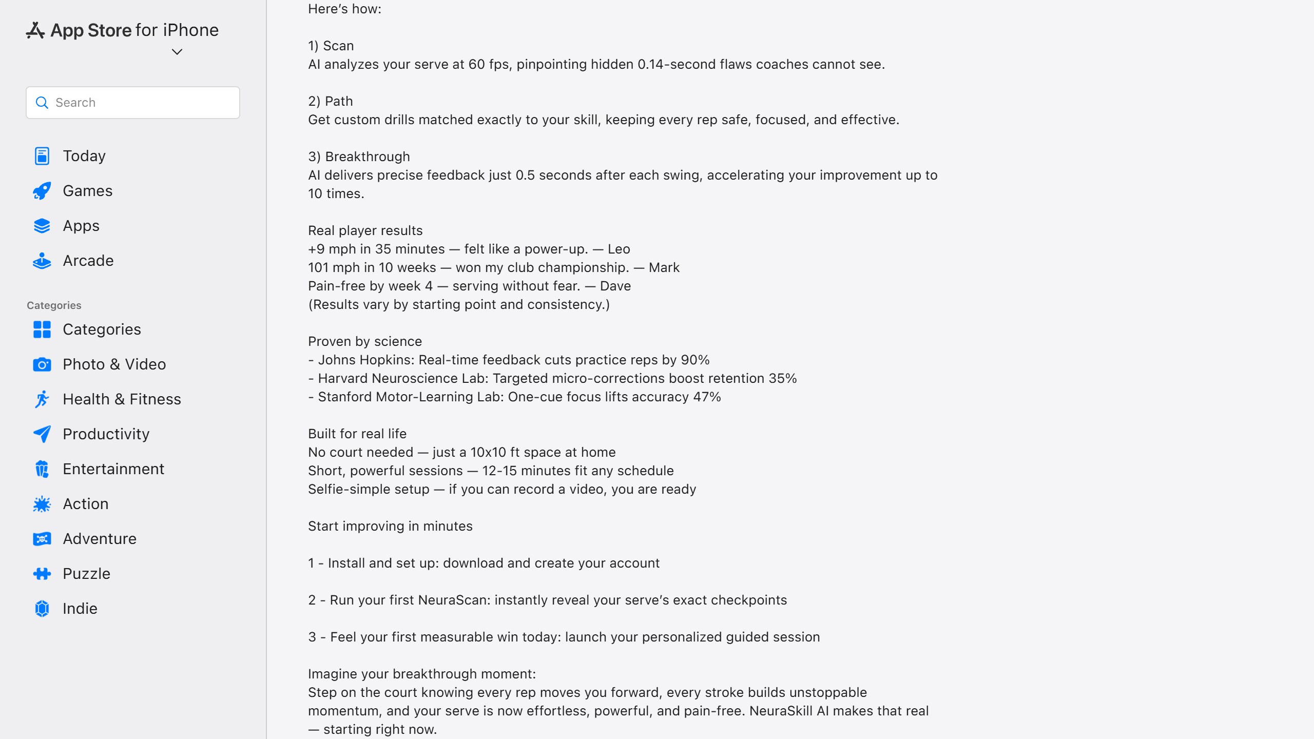 NeuraSkill US App Store description with a Proven by science list citing Johns Hopkins, a Harvard neuroscience lab and a Stanford motor learning lab, with no study links