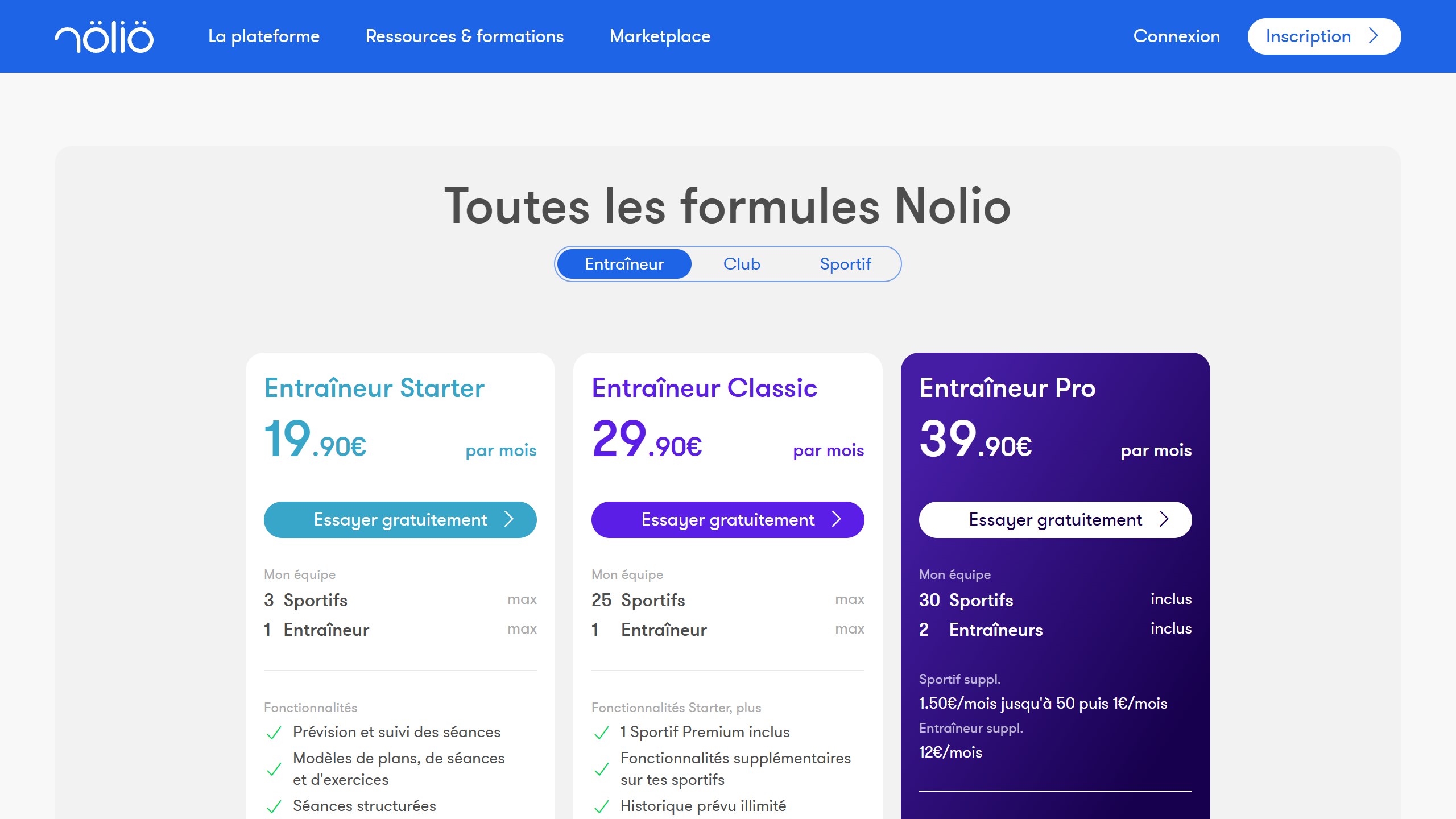 Nolio coach pricing in euros: Entraineur Starter at 19.90 euros a month for 3 athletes, Classic at 29.90 for 25 athletes and Pro at 39.90 with 30 athletes and 2 coaches included, then 1.50 euros per extra athlete up to 50
