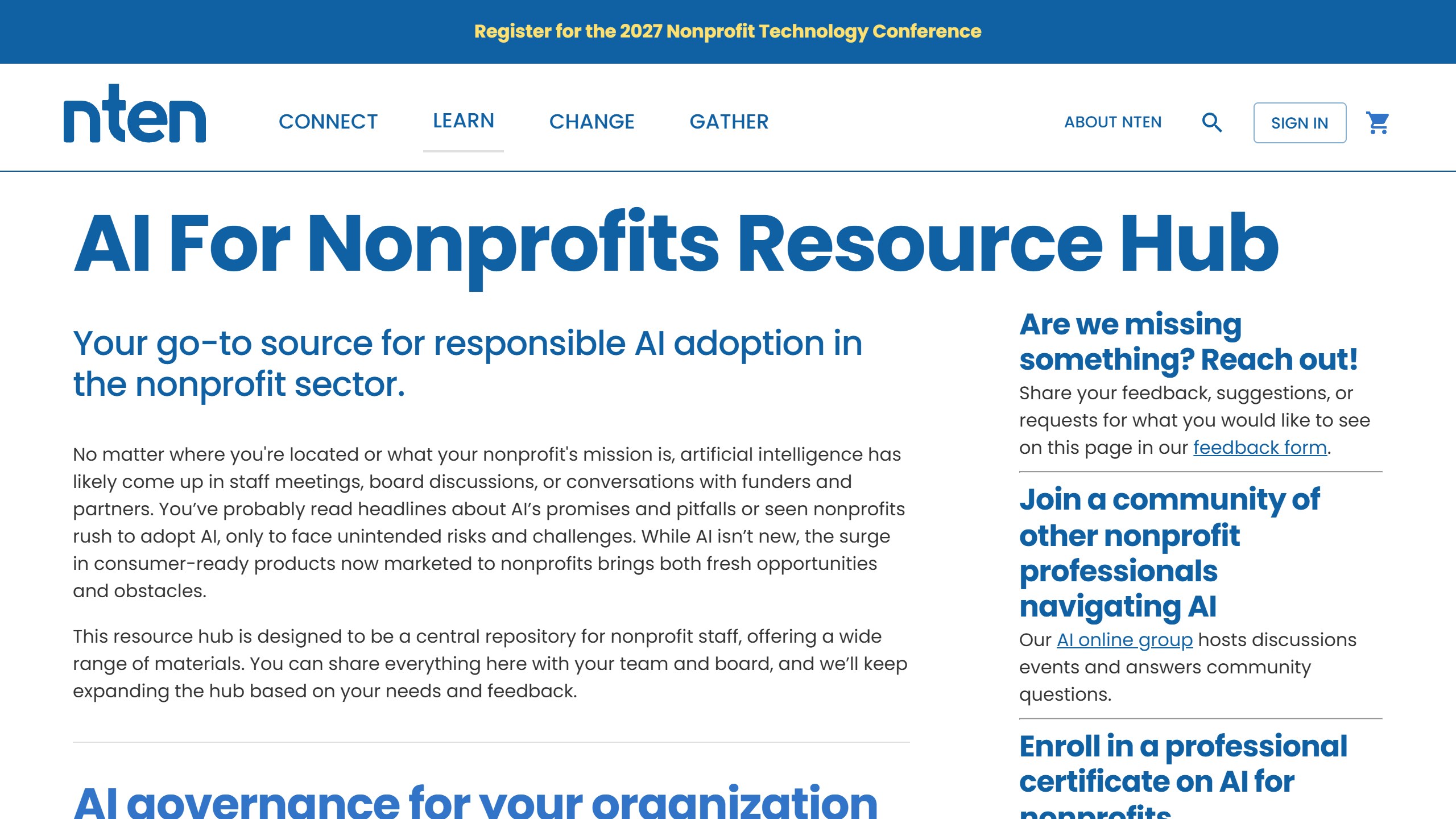 NTEN AI For Nonprofits Resource Hub page, described as a go to source for responsible AI adoption in the nonprofit sector, where NTEN links its generative AI policy template