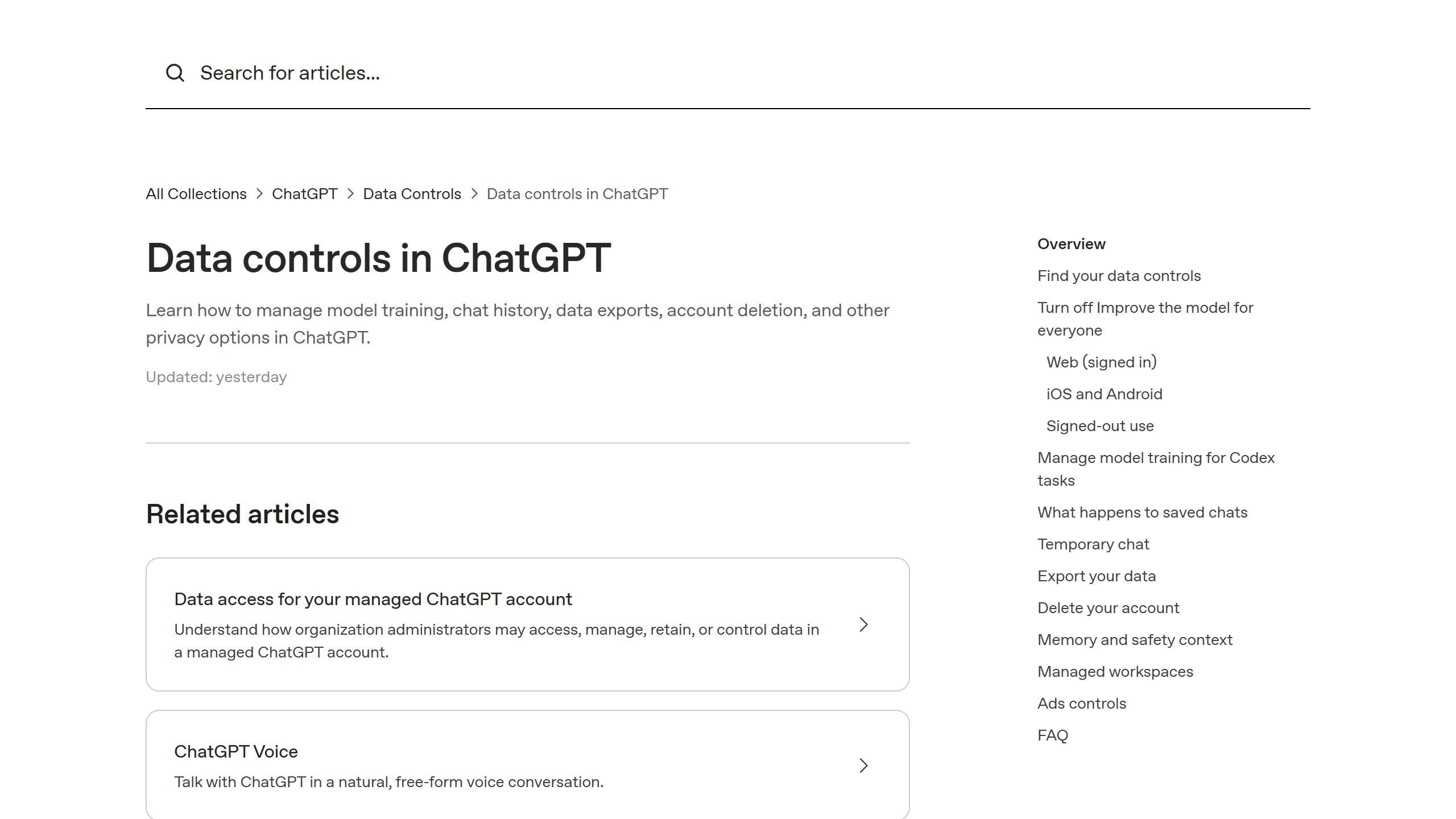 OpenAI Help Center article Data controls in ChatGPT, with a contents list including Turn off Improve the model for everyone, Temporary chat and Delete your account