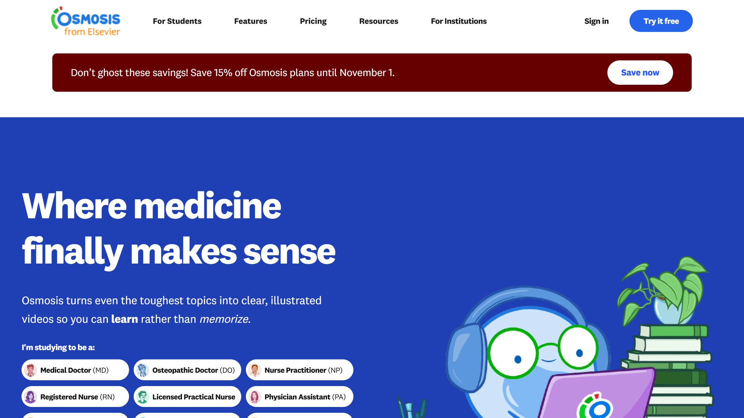 Osmosis from Elsevier homepage headline Where medicine finally makes sense, with a banner offering 15% off plans until November 1