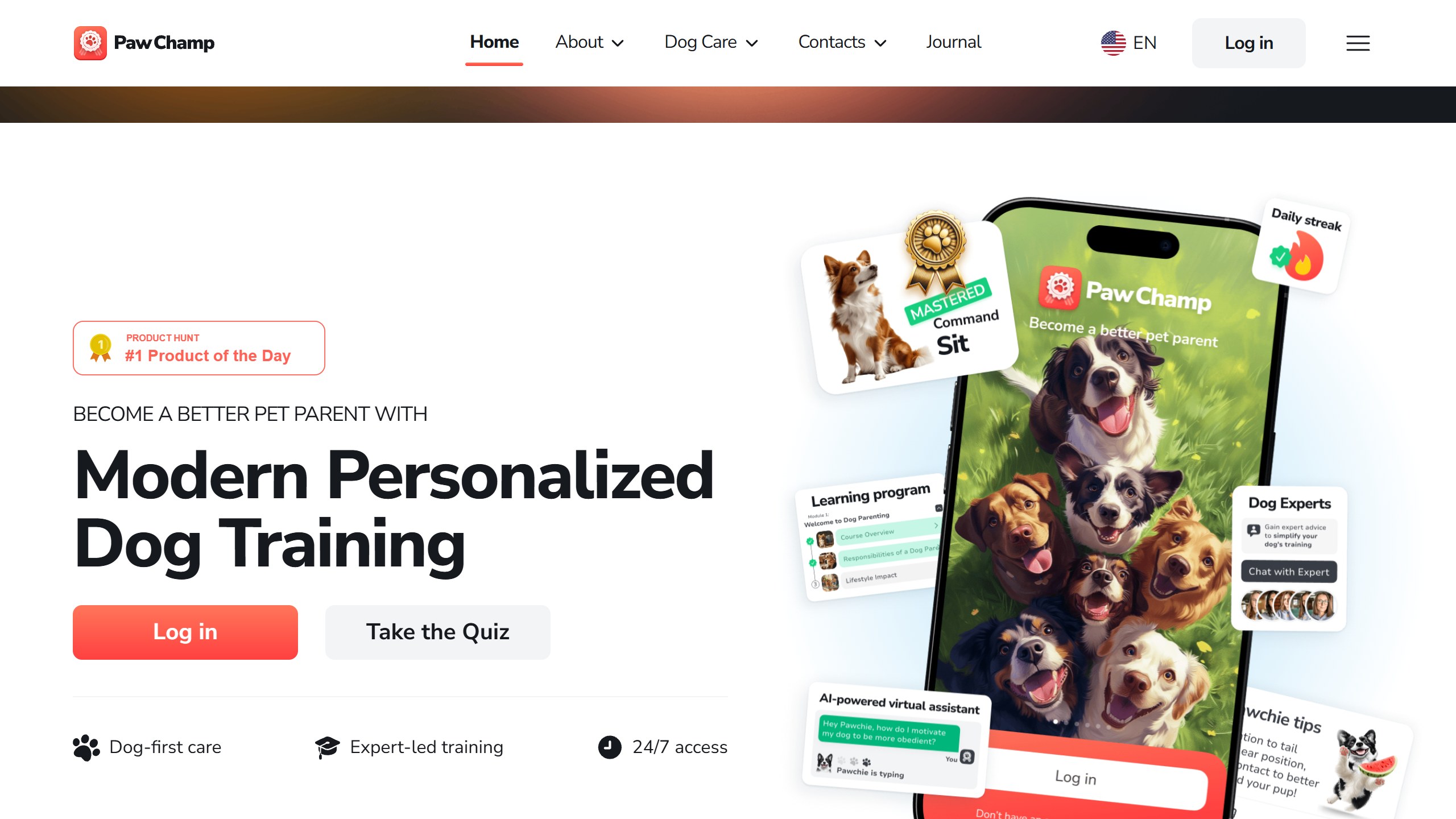 PawChamp homepage headline Modern Personalized Dog Training, with Log in and Take the Quiz buttons and app cards for an AI-powered virtual assistant called Pawchie and Chat with Expert