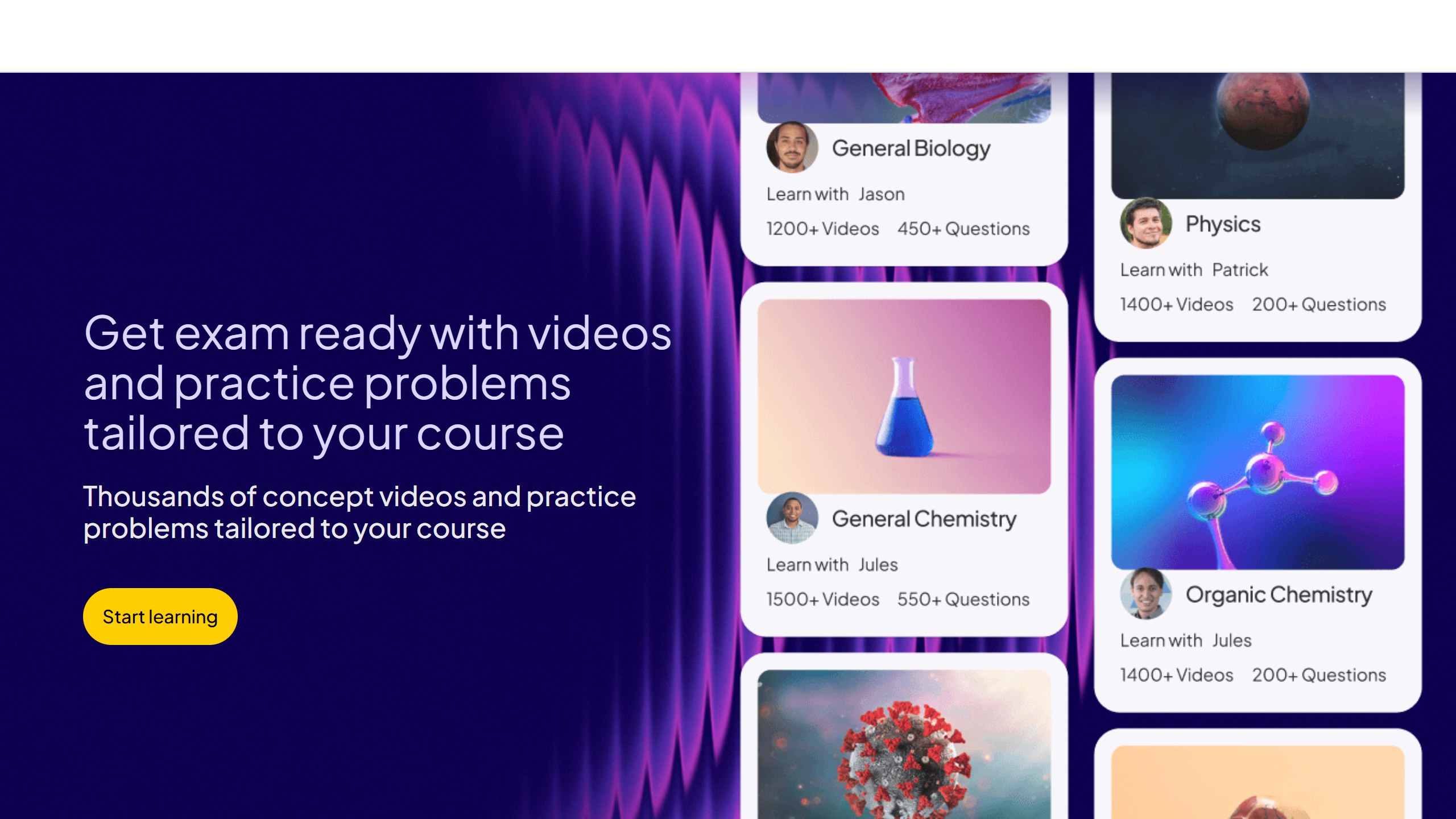 Pearson+ Study Prep page headline Get exam ready with videos and practice problems tailored to your course, with course cards for General Chemistry, Organic Chemistry and Physics