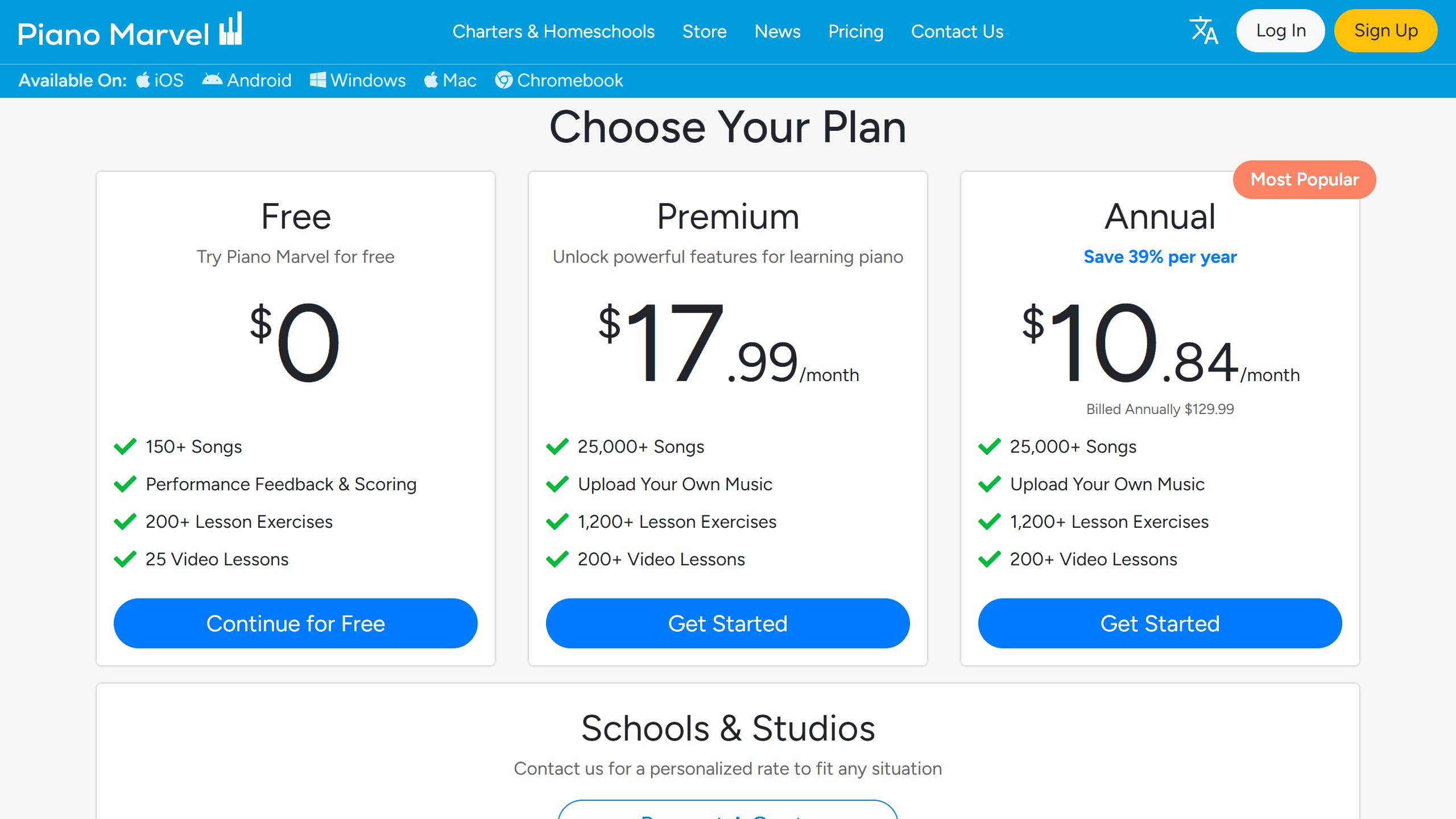 Piano Marvel pricing page with a Free plan including performance feedback and scoring, Premium at $17.99 a month and Annual at $10.84 a month billed $129.99