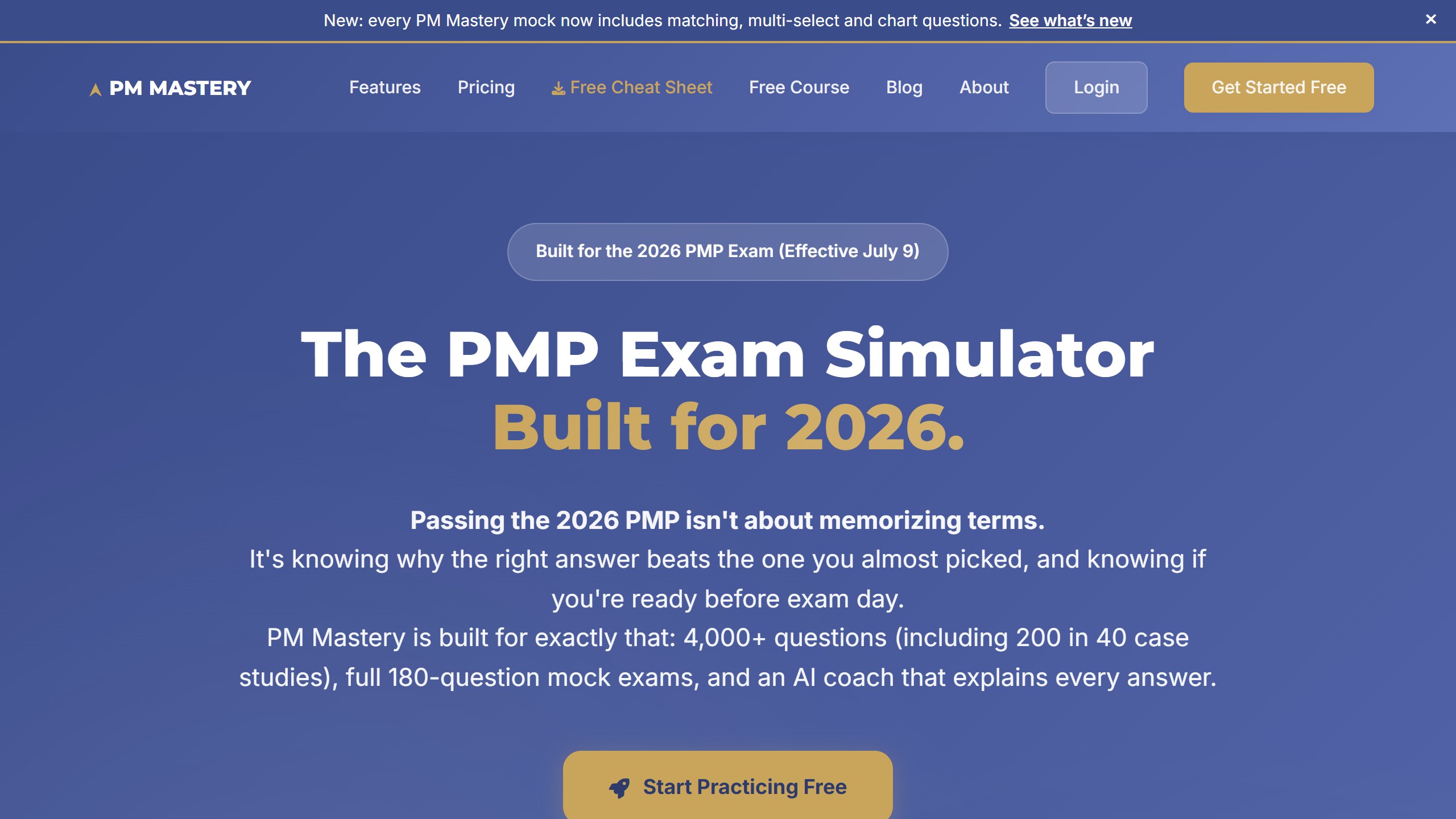 PM Mastery homepage headline The PMP Exam Simulator Built for 2026, with a badge saying built for the 2026 PMP exam effective July 9, and copy listing 4,000 plus questions, full 180 question mock exams and an AI coach