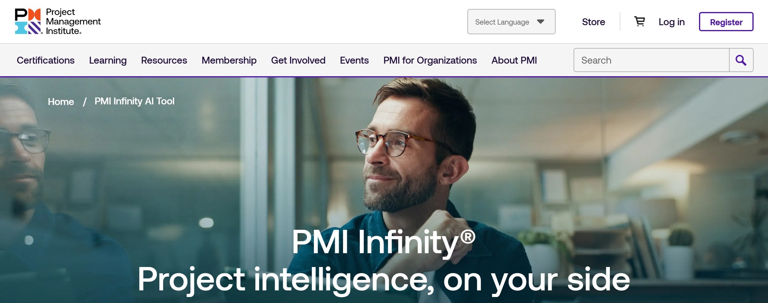 PMI Infinity page on pmi.org headline PMI Infinity, Project intelligence, on your side, under the Project Management Institute navigation bar