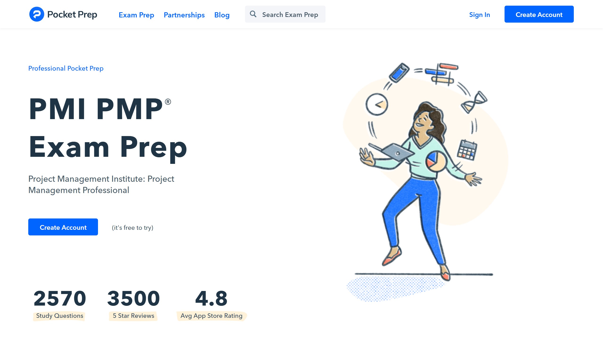 Pocket Prep PMI PMP Exam Prep page with a Create Account button marked free to try, and figures of 2570 study questions, 3500 five star reviews and a 4.8 average App Store rating