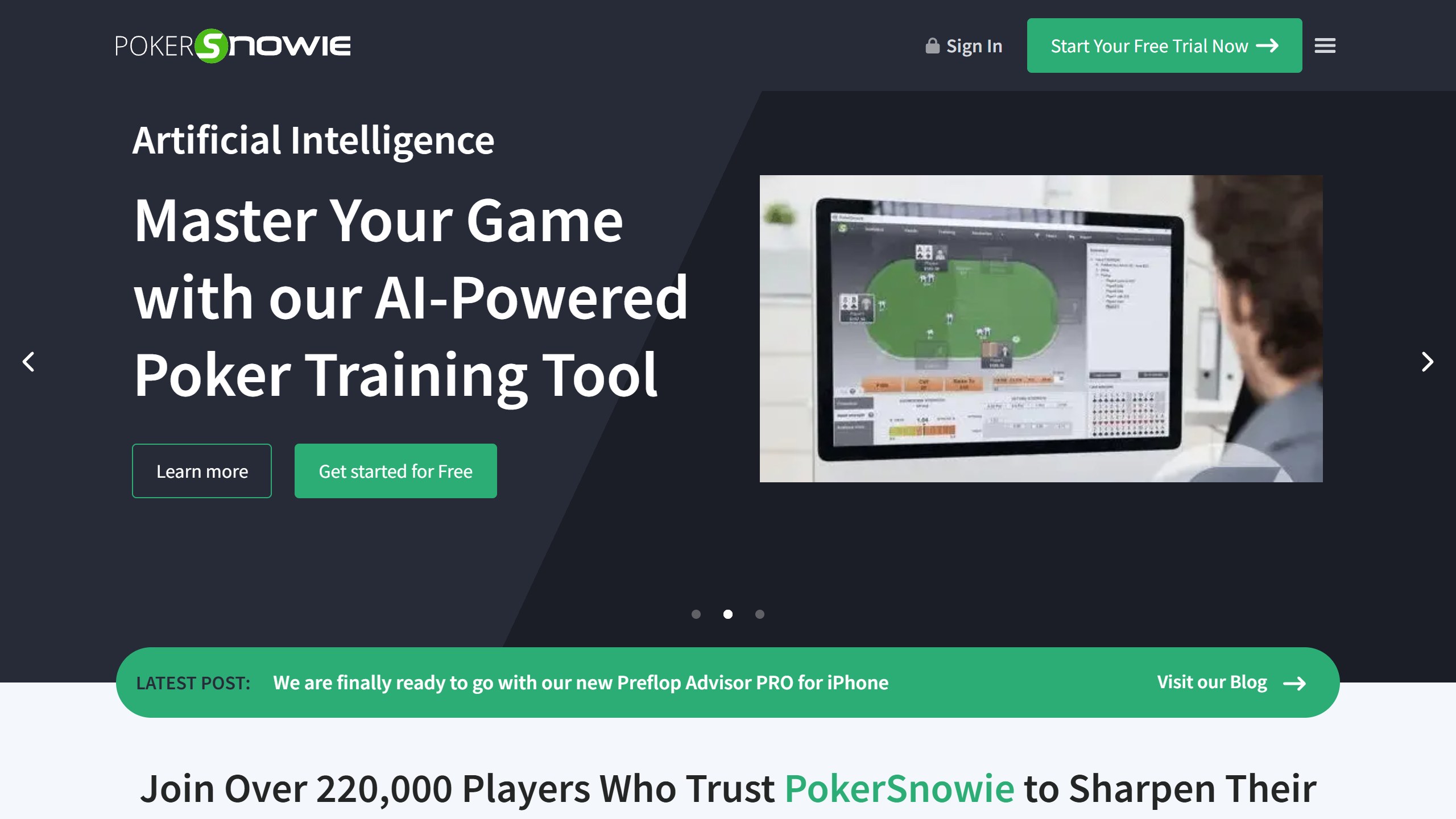 PokerSnowie homepage headline Master Your Game with our AI-Powered Poker Training Tool, with a Start Your Free Trial Now button and a screen showing its training table