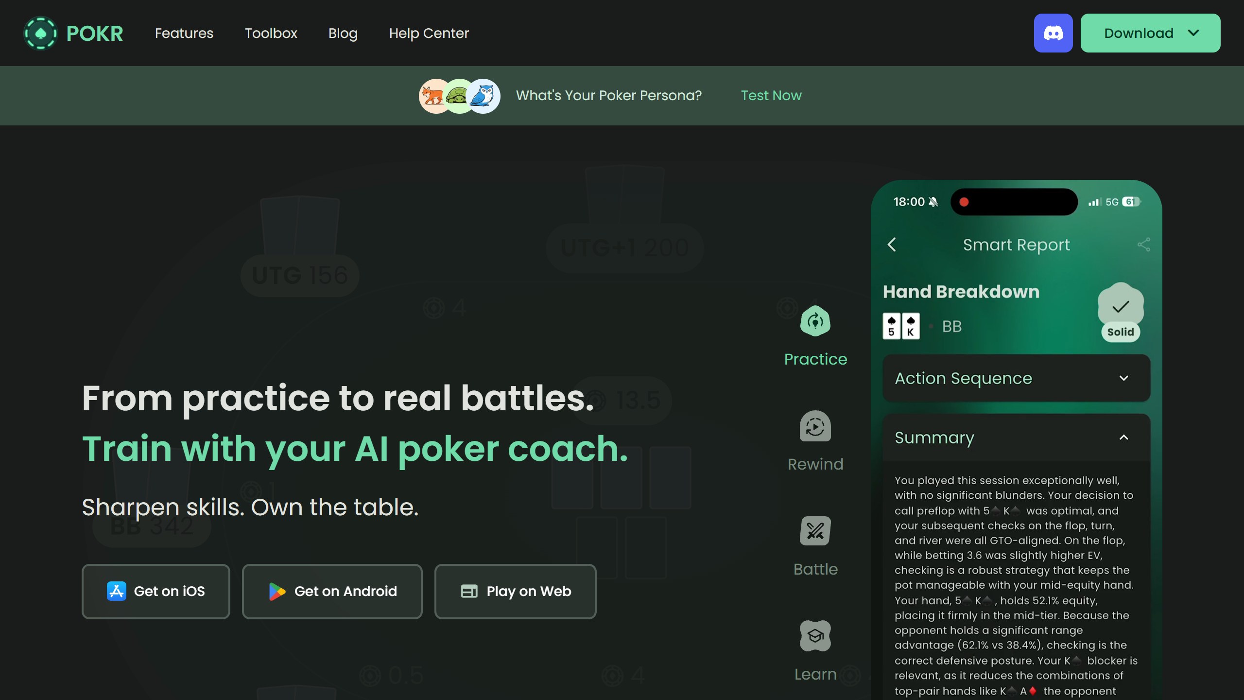Pokr homepage headline From practice to real battles. Train with your AI poker coach, with Practice, Rewind, Battle and Learn modes and a phone showing an AI hand breakdown