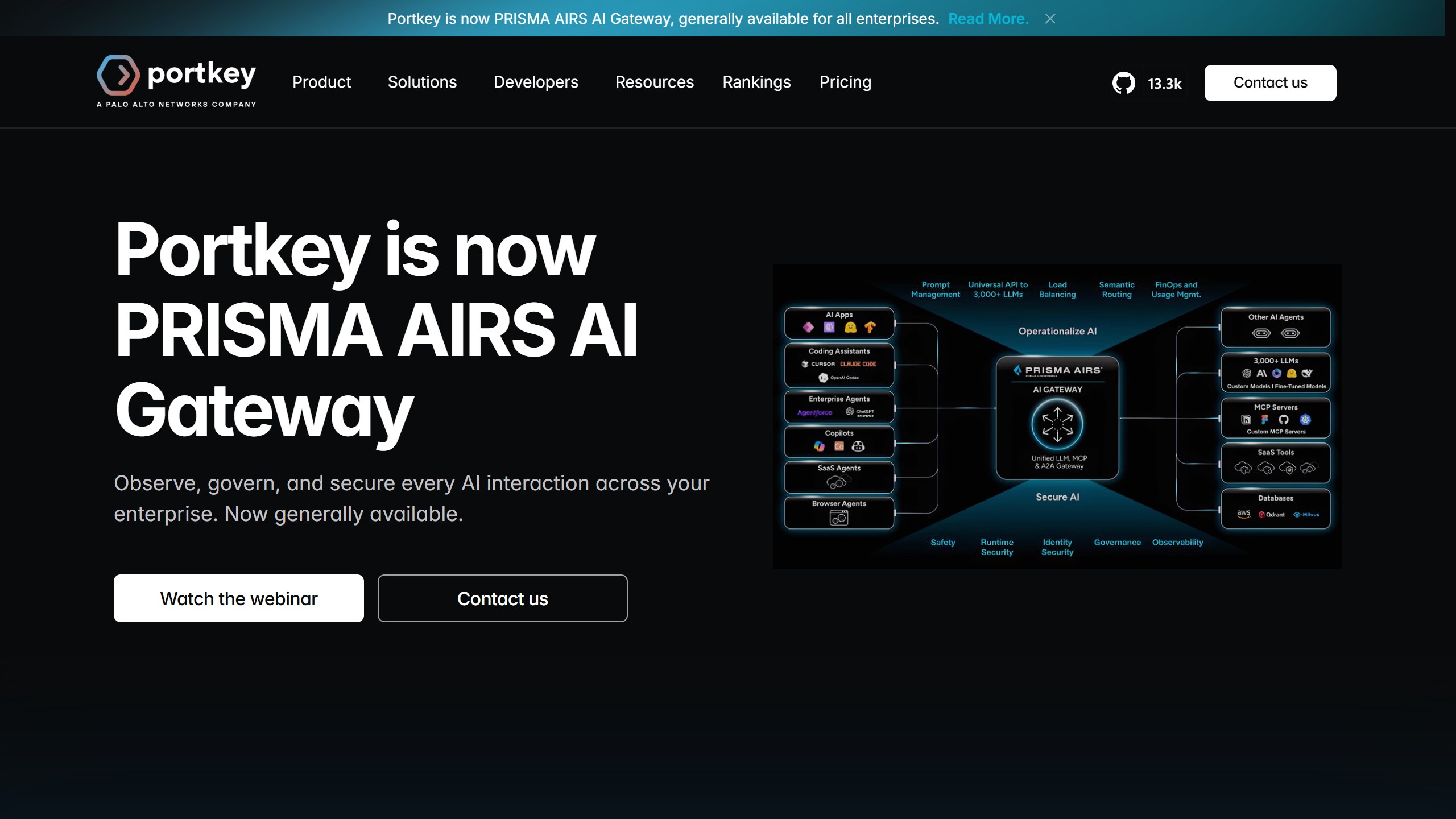 Portkey homepage, branded A Palo Alto Networks company, with the headline Portkey is now PRISMA AIRS AI Gateway and a diagram of AI apps, agents and LLMs connected through the gateway