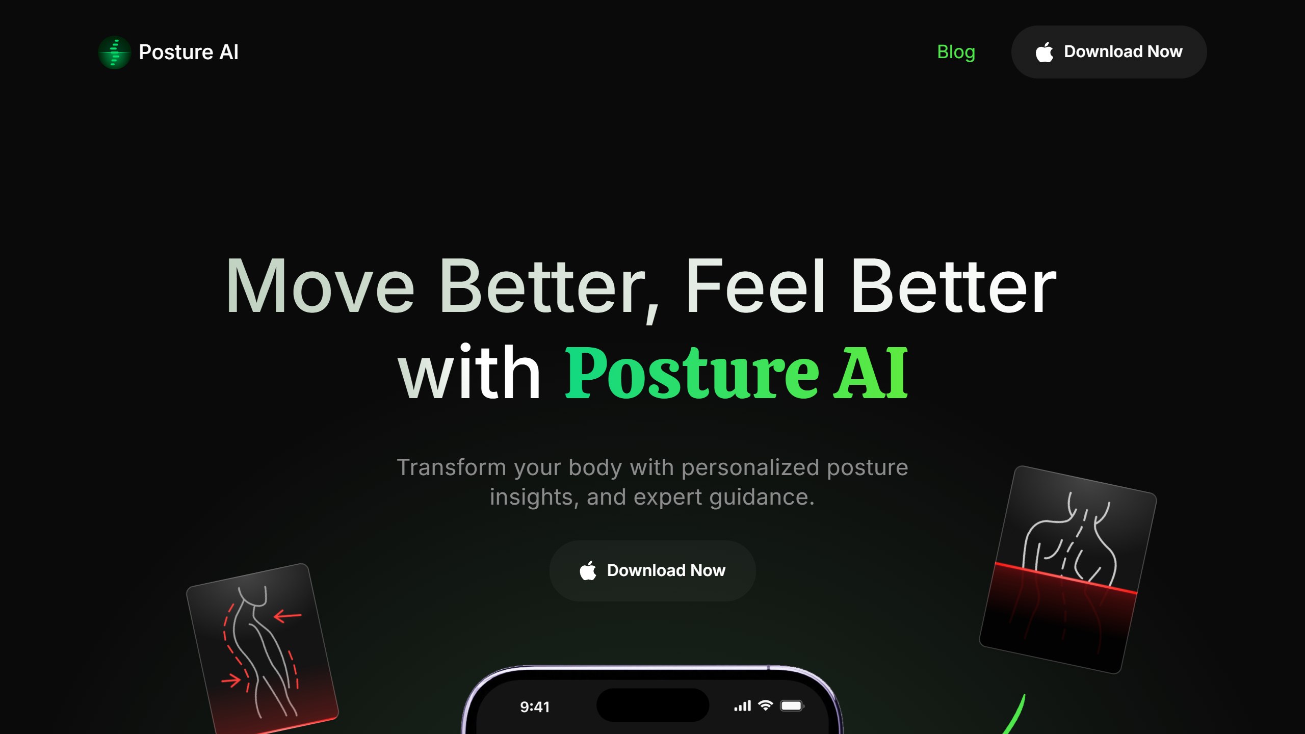 Posture AI homepage headline Move Better, Feel Better with Posture AI, with Download Now buttons for the App Store