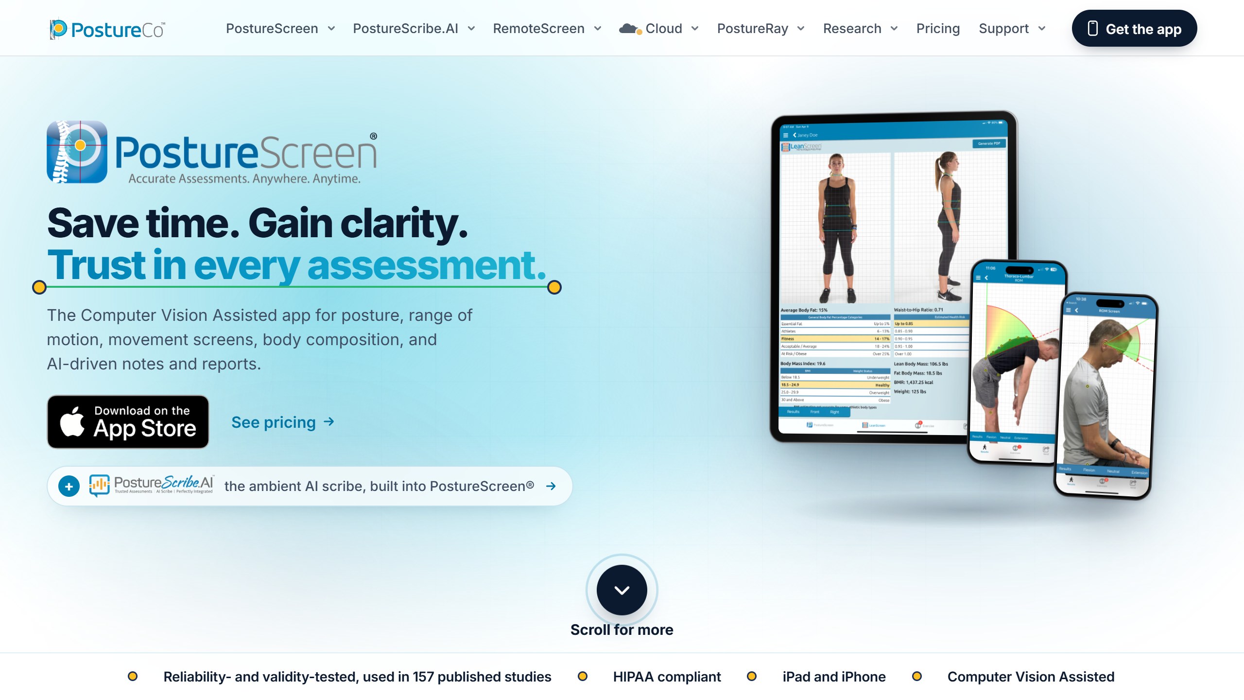PostureCo homepage for PostureScreen, headline Save time. Gain clarity. Trust in every assessment., describing a computer vision assisted app for posture and range of motion, beside tablet and phone screens