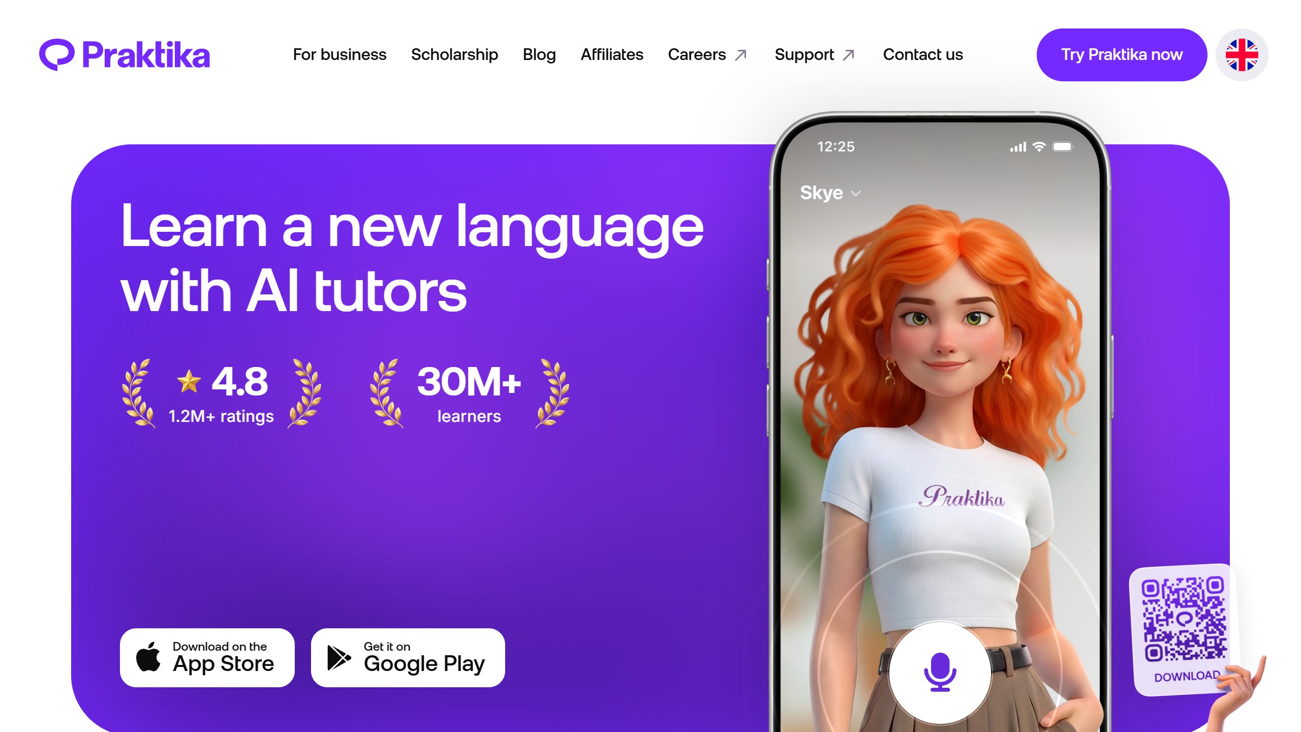 Praktika homepage headline Learn a new language with AI tutors, showing an animated AI tutor named Skye on a phone with a microphone button