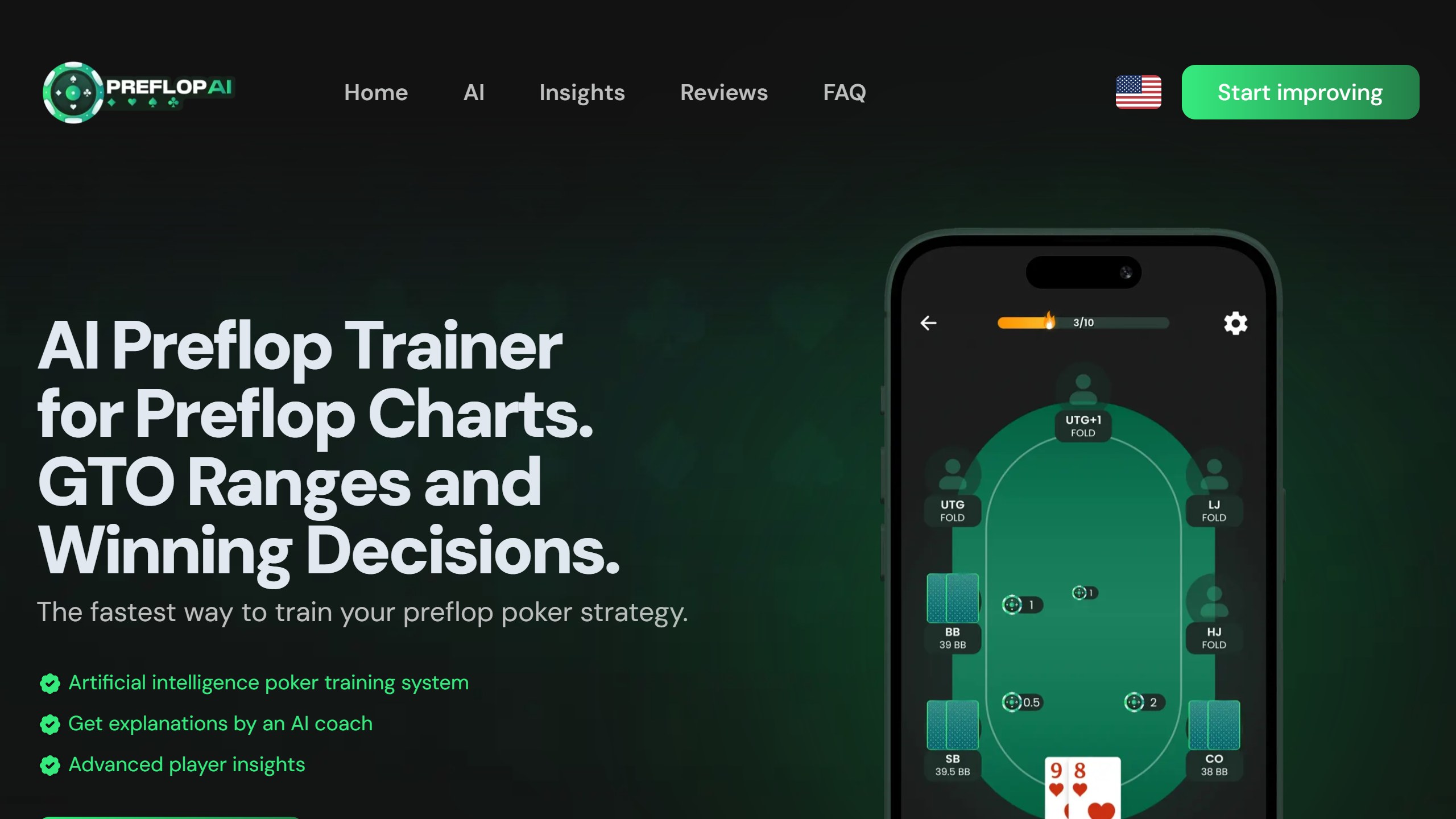 Preflop AI homepage headline AI Preflop Trainer for Preflop Charts, GTO Ranges and Winning Decisions, listing explanations by an AI coach, beside a phone showing a preflop quiz table