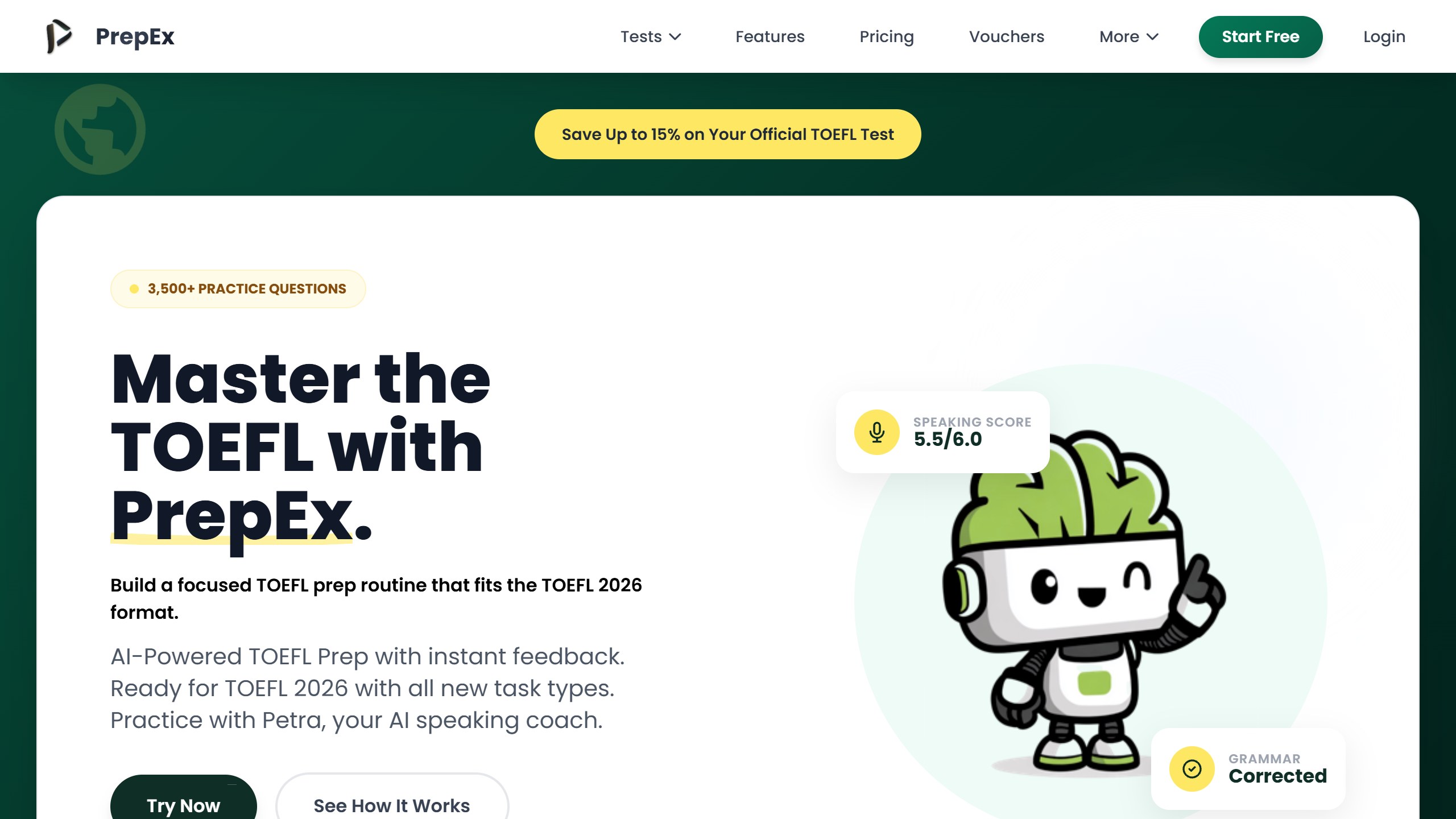 PrepEx TOEFL page headline Master the TOEFL with PrepEx, saying it offers AI-powered TOEFL prep with instant feedback, is ready for the 2026 task types and has Petra, an AI speaking coach