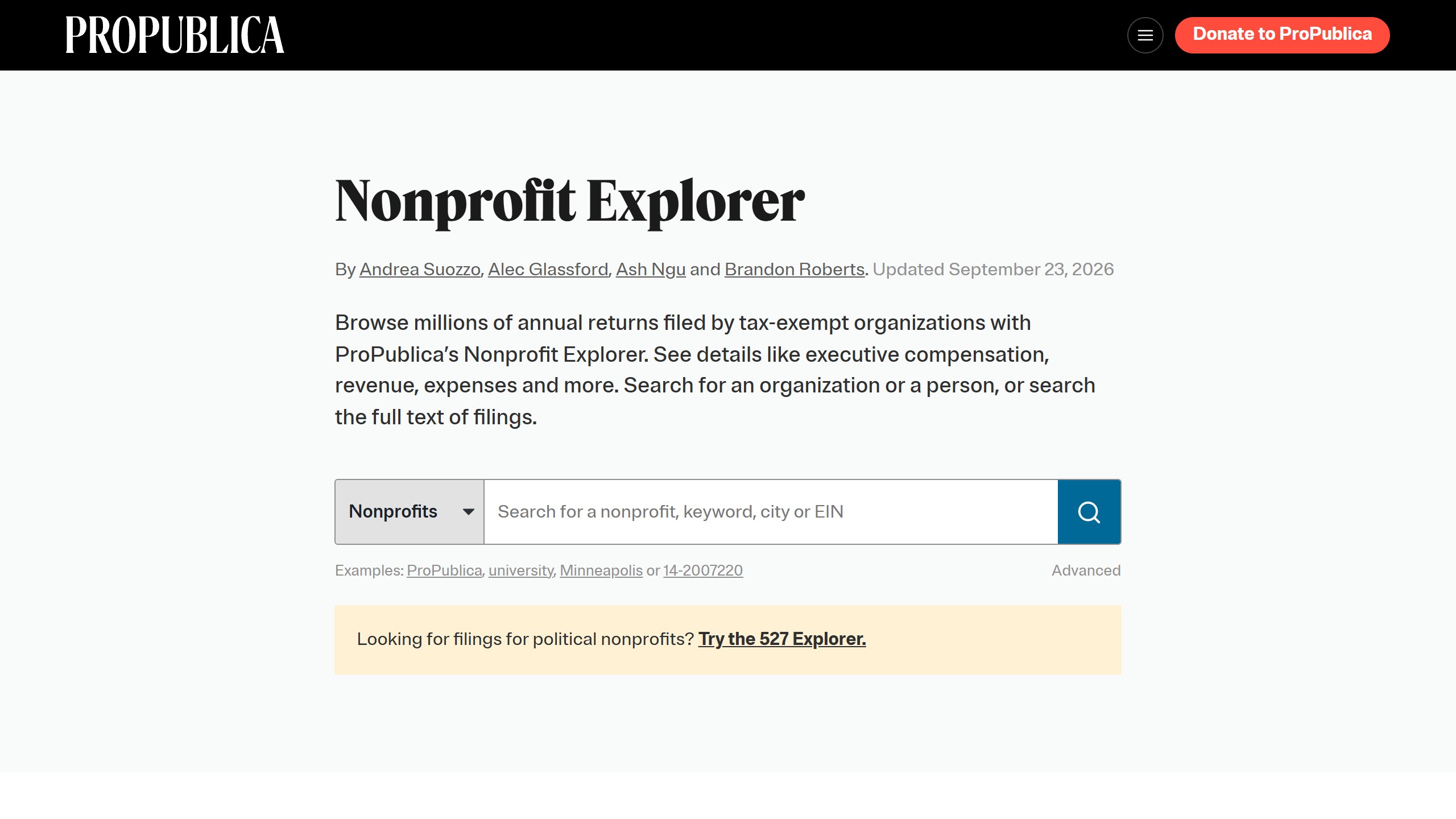 ProPublica Nonprofit Explorer page with a search box for a nonprofit, keyword, city or EIN, and a line saying you can search for an organization or a person, or the full text of filings