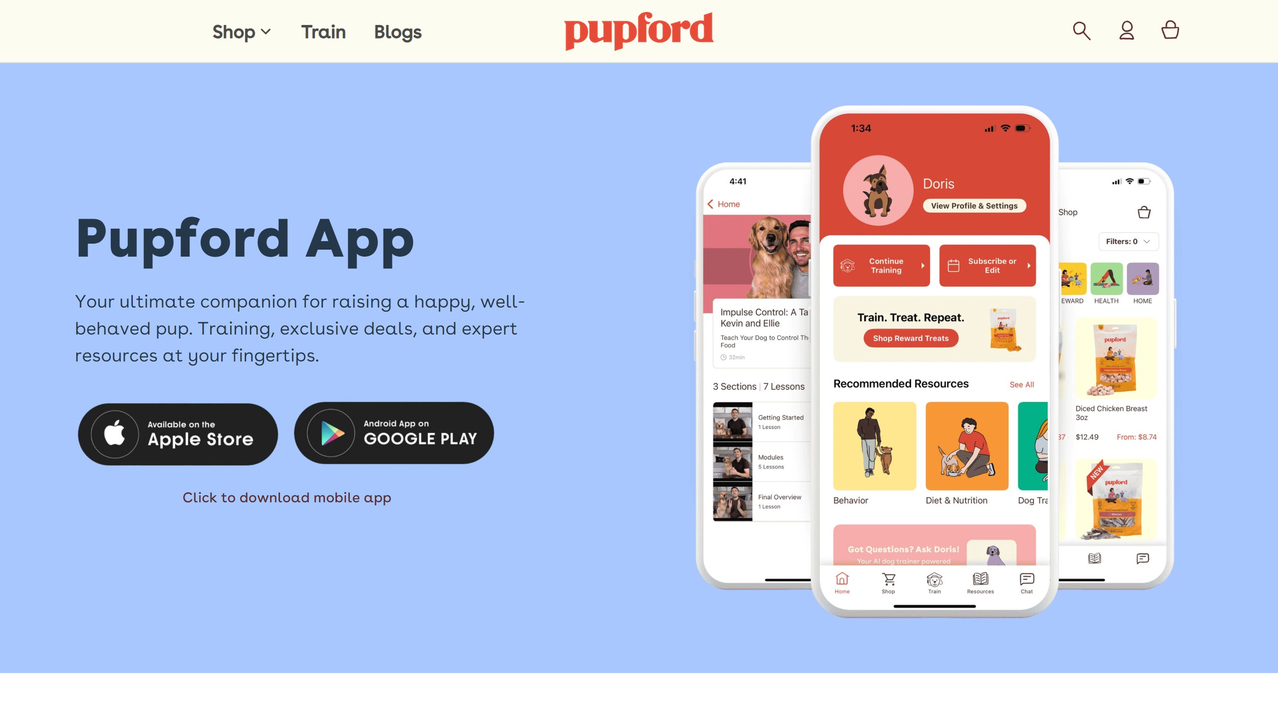 Pupford App page with App Store and Google Play buttons beside phones showing Doris, the app's AI dog trainer, and recommended training resources