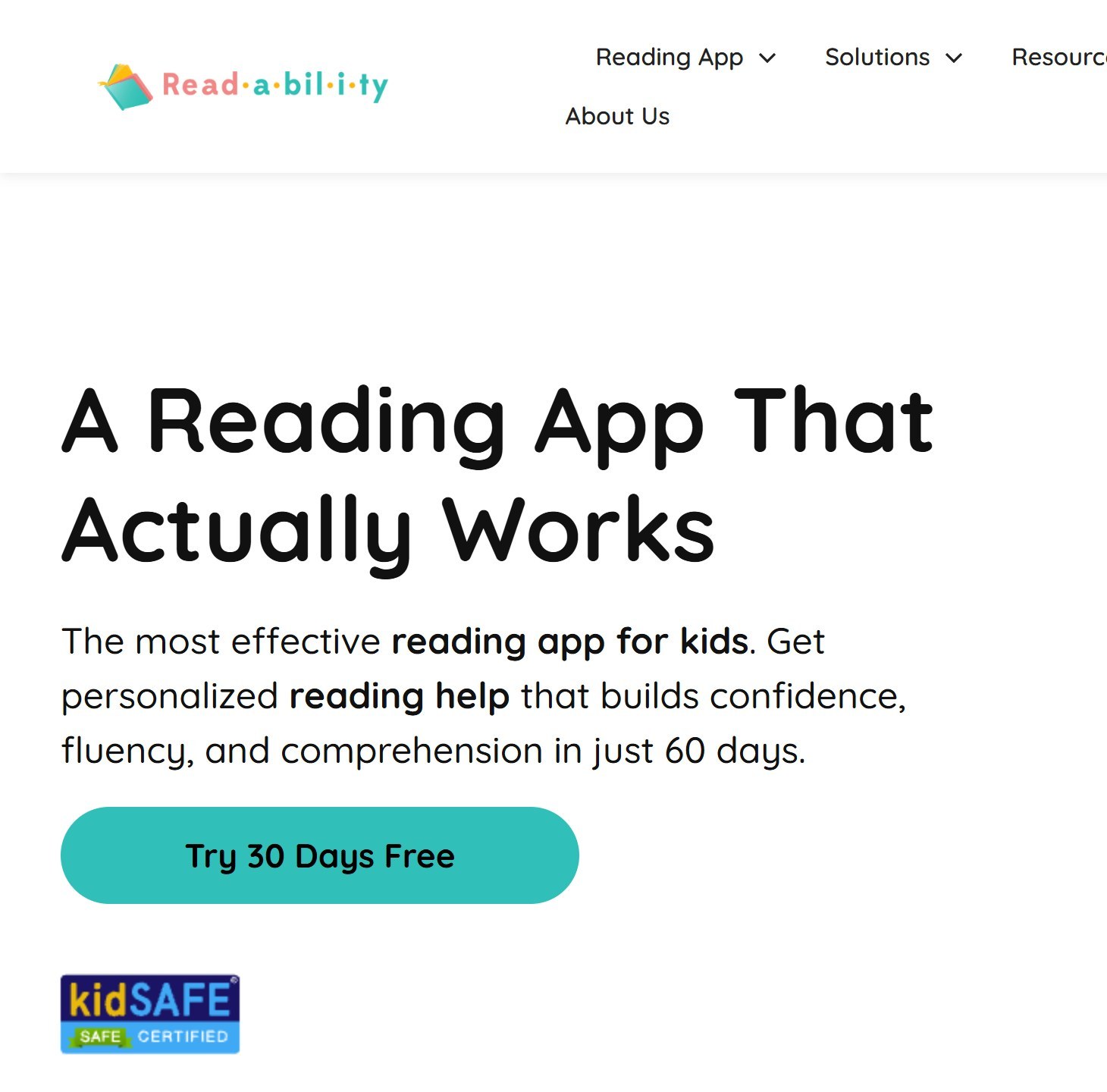Readability homepage headline A Reading App That Actually Works, with a Try 30 Days Free button and a kidSAFE certified badge