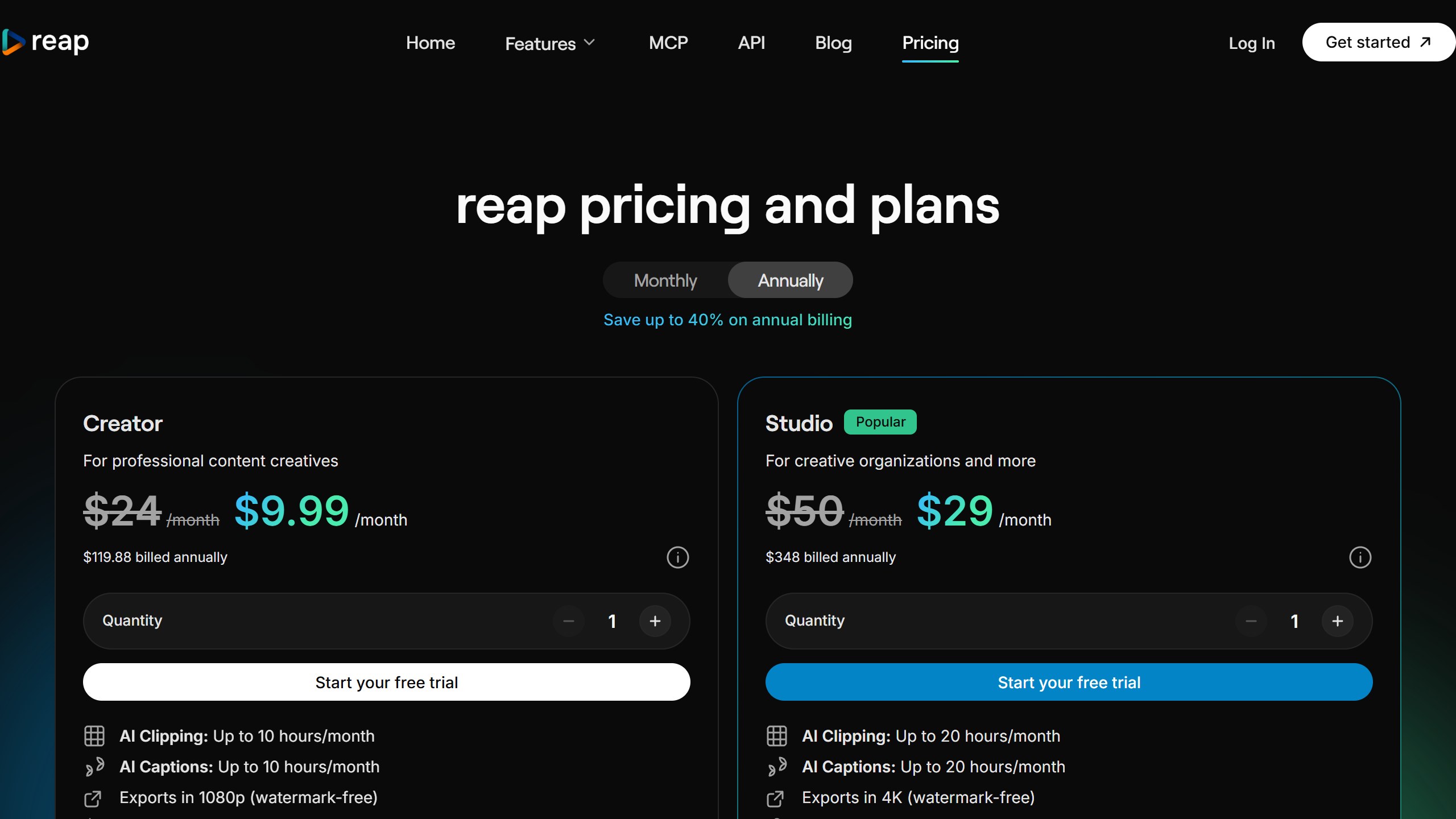 Reap pricing page with annual billing selected, showing Creator at $9.99 a month billed $119.88 a year with up to 10 hours of AI clipping, and Studio at $29 a month with 20 hours and 4K