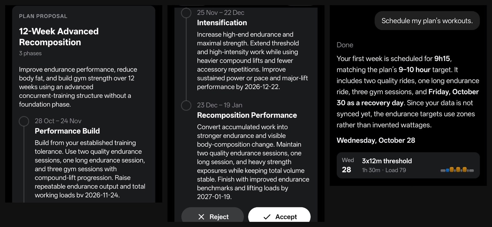 RestOrTrain plan proposal card for the 12-Week Advanced Recomposition with its phases and Reject and Accept buttons, next to the chat reply confirming a first week of 9 hours 15 minutes with a Friday recovery day