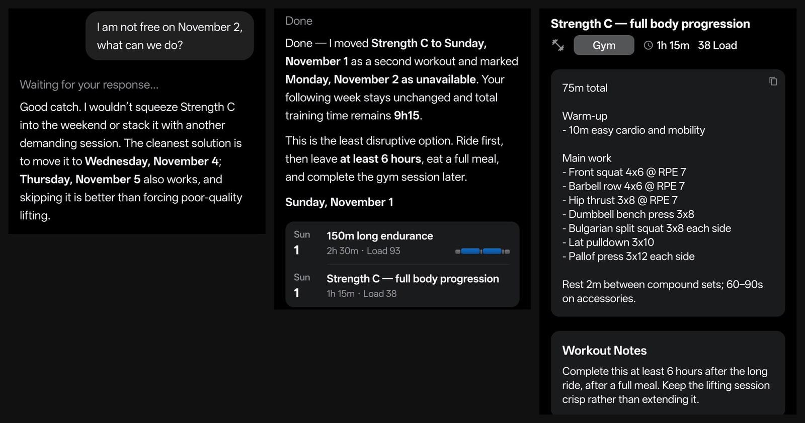 RestOrTrain chat: I say I am not free on November 2, the coach suggests Wednesday or Thursday instead, then confirms it moved Strength C to Sunday as a second workout; the Strength C workout notes say to do it at least 6 hours after the long ride and a full meal
