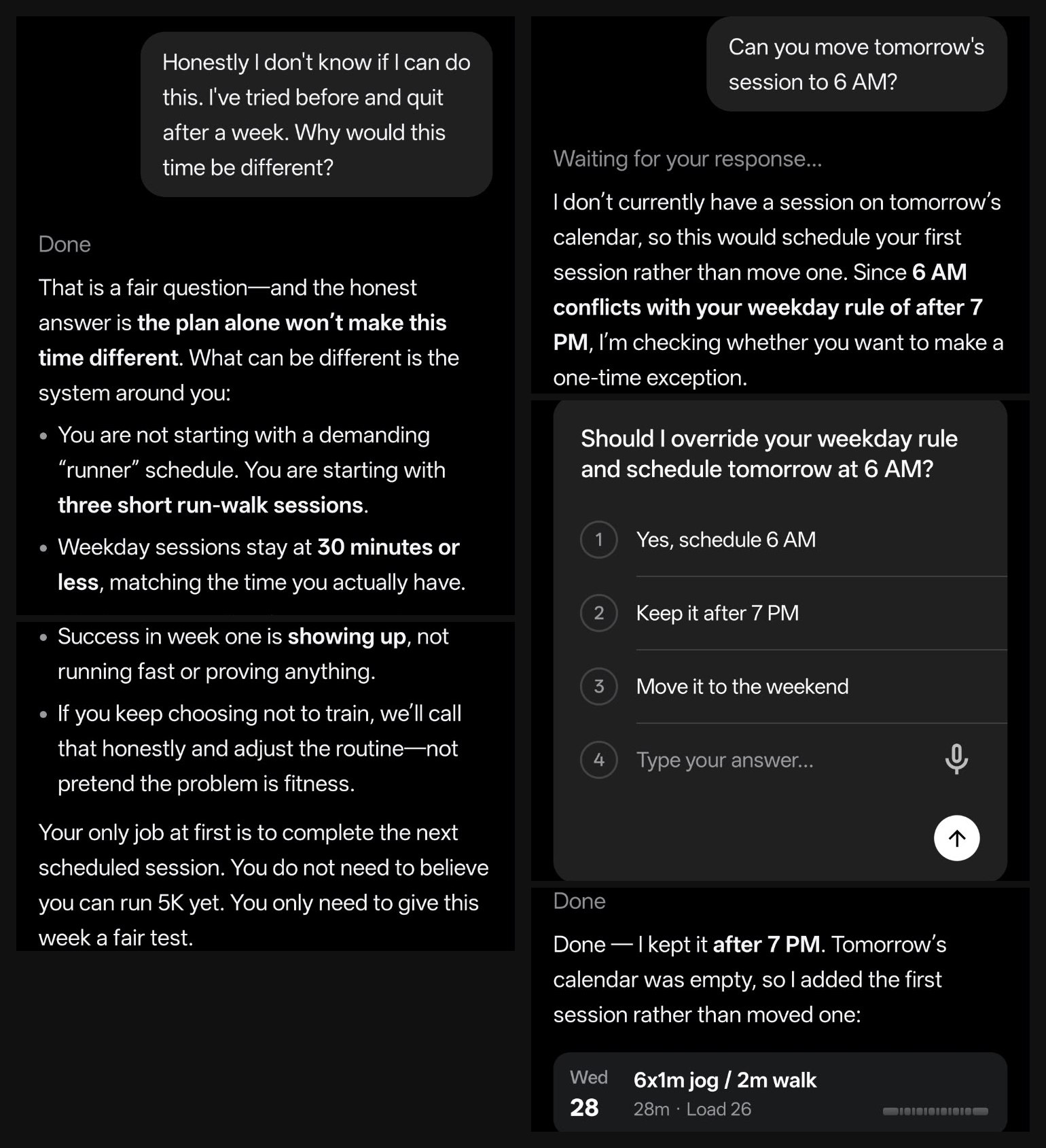 RestOrTrain chat on the beginner account: I ask why this time would be different and the coach answers that the plan alone won’t make it different; then I ask to move a session to 6 AM, it flags that this breaks my after 7 PM rule and offers three options, and schedules a 28 minute jog and walk session after 7 PM