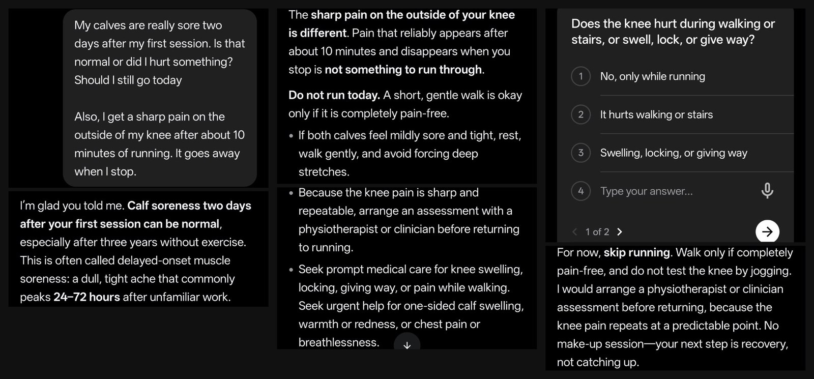RestOrTrain chat: my message about sore calves and a sharp knee pain, the coach explaining that calf soreness can be normal but the knee pain is not something to run through, its warning signs, a triage question card asking whether the knee hurts walking or on stairs, and its advice to skip running, see a physiotherapist and not make up the session