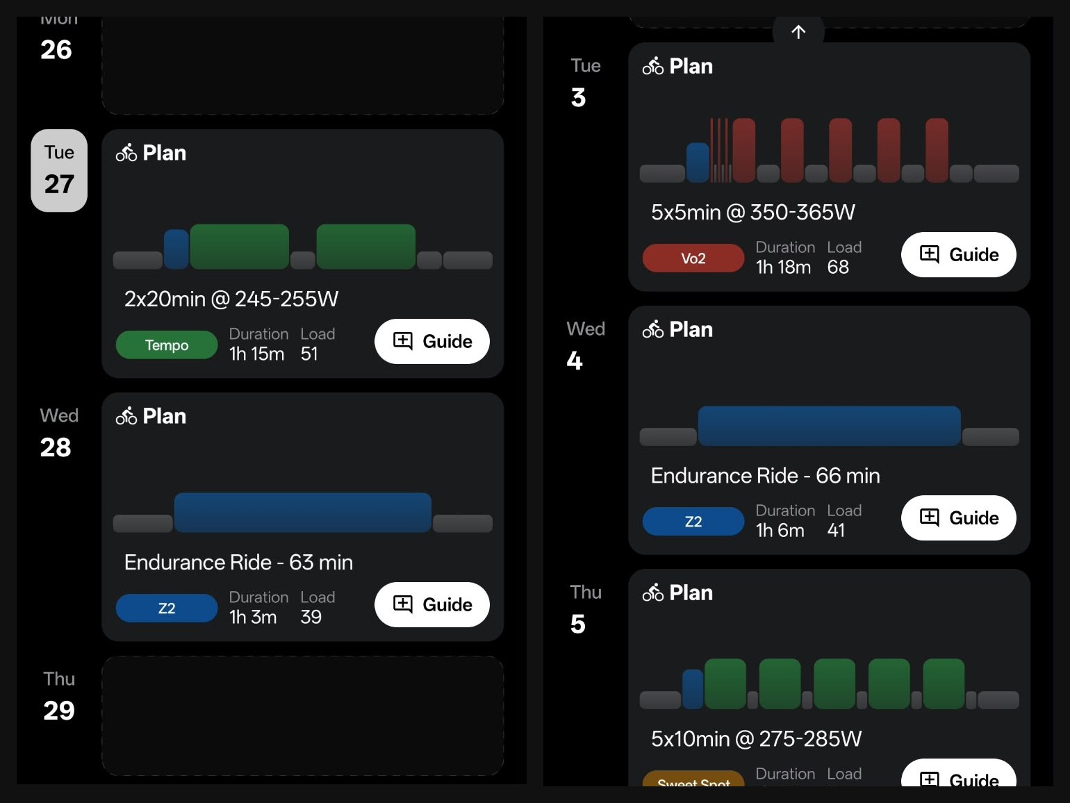 RestOrTrain calendar on the Pro account showing a tempo ride, endurance rides, a VO2 ride and a sweet spot ride, each with duration, load and a Guide button