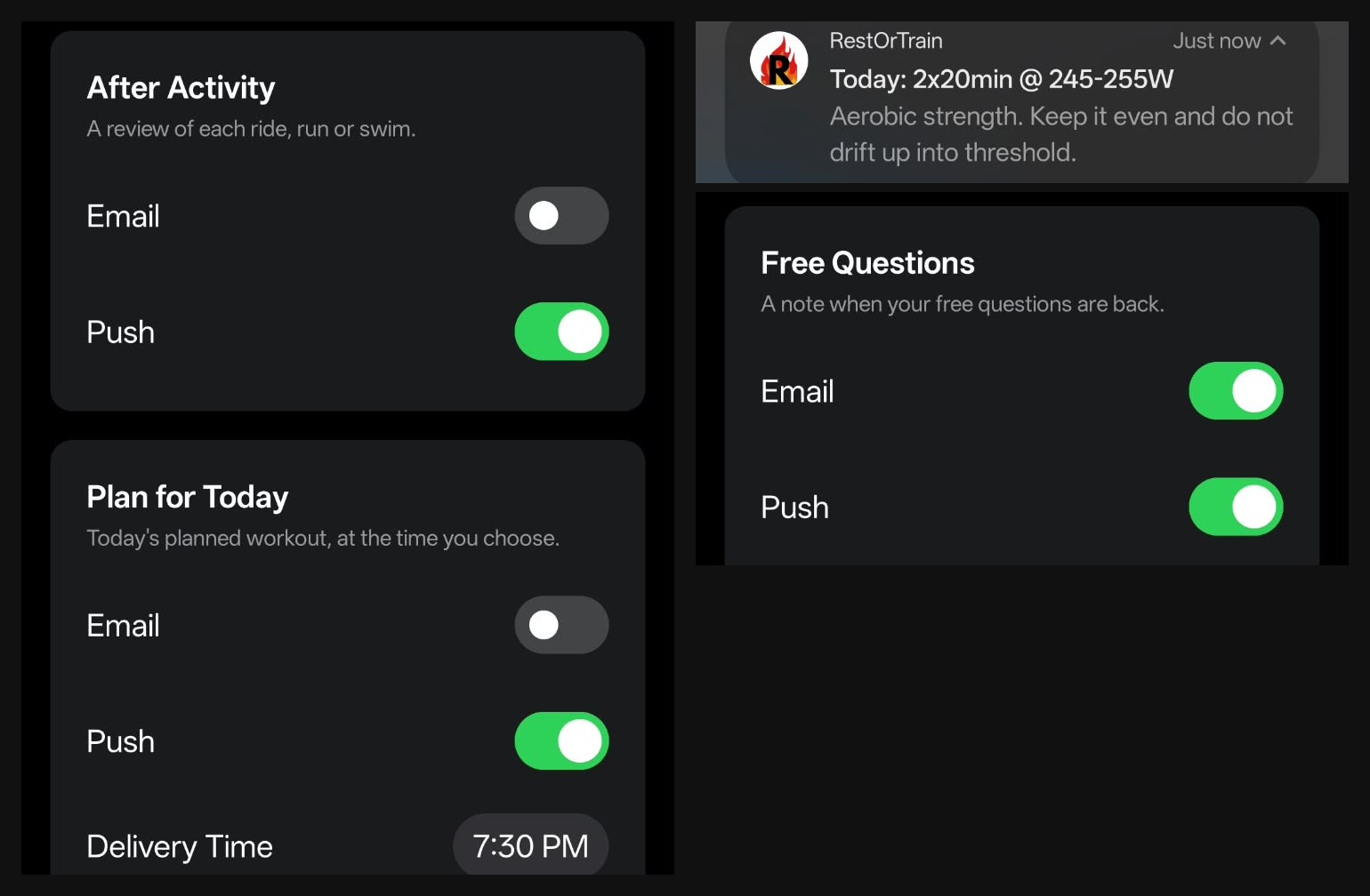 RestOrTrain notification settings for After Activity, Plan for Today with a 7:30 PM delivery time and Free Questions, next to the daily push with today’s session