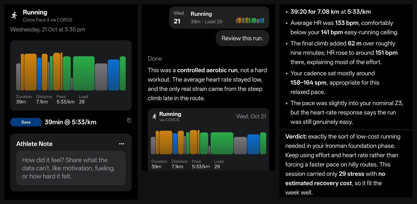 RestOrTrain activity screen for a 39 minute, 7.1 km run from a COROS watch on 21 October with an Athlete Note box, next to the chat review calling it a controlled aerobic run and explaining heart rate, the final climb, cadence and its verdict