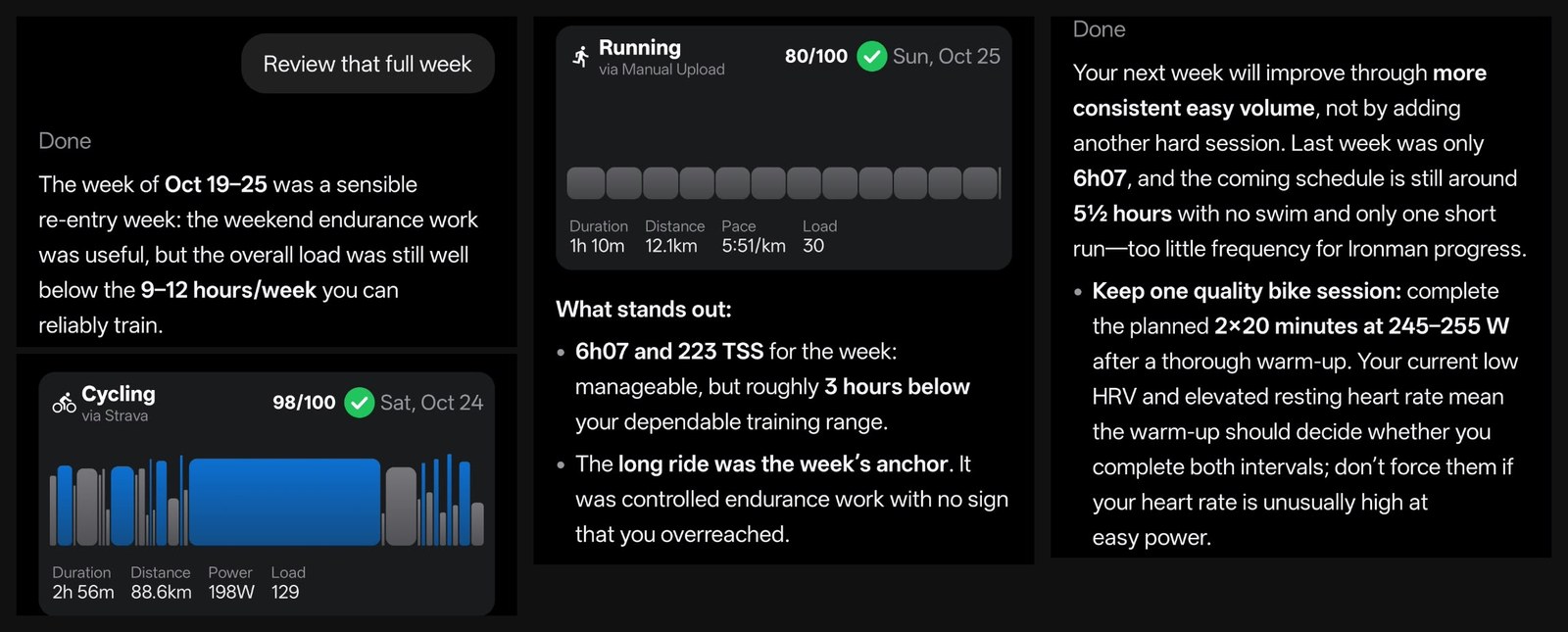 RestOrTrain week review on the Pro account: my Review that full week request, the summary of the 19 to 25 October week, Workout Scores of 98 out of 100 for a ride and 80 out of 100 for a run, what stood out, and advice for next week