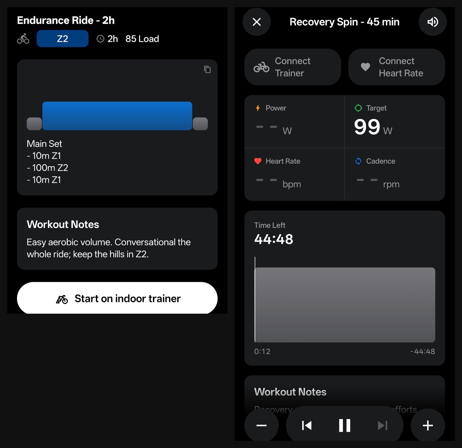 RestOrTrain endurance ride workout with a Start on indoor trainer button, next to the indoor player screen with Connect Trainer and Connect Heart Rate buttons, a 99 W target, time left and playback controls, with no trainer connected