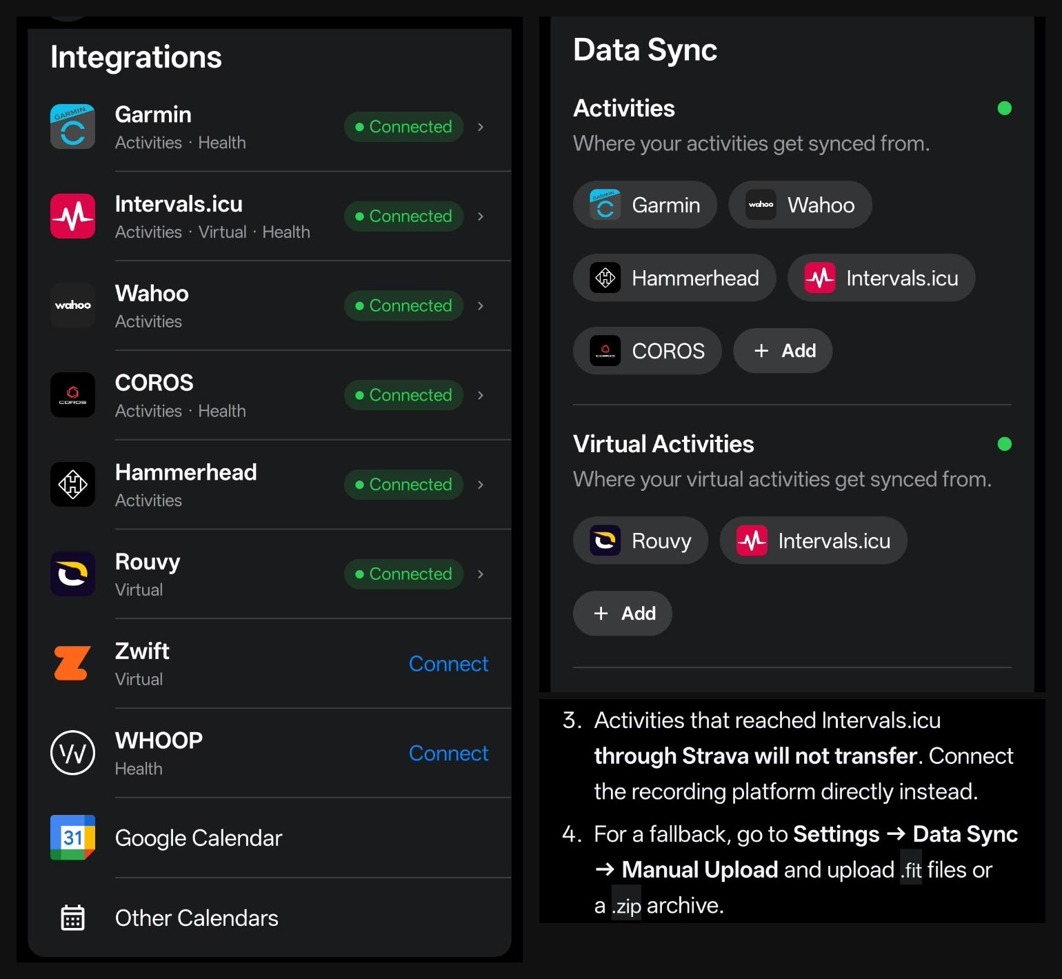 RestOrTrain integrations screen on the Pro account with Garmin, Intervals.icu, Wahoo, COROS, Hammerhead and Rouvy connected and Zwift and WHOOP not connected, the Data Sync screen choosing activity sources, and the chat’s tip that activities that reached Intervals.icu through Strava will not transfer, with Manual Upload as the fallback