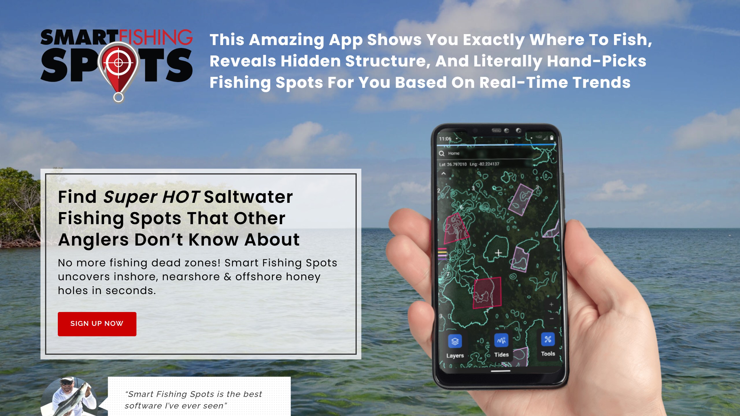 Smart Fishing Spots page by Salt Strong, headline Find Super HOT Saltwater Fishing Spots That Other Anglers Don't Know About, beside a phone showing a contour map with highlighted spots