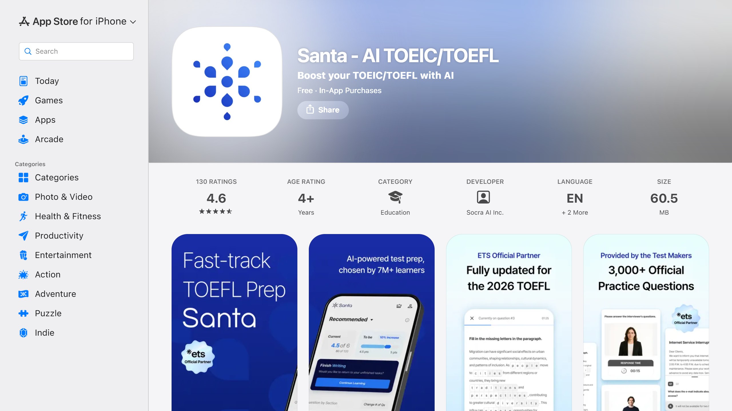US App Store listing for Santa, AI TOEIC and TOEFL by Socra AI, rated 4.6 from 130 ratings, with screenshots saying ETS Official Partner and Fully updated for the 2026 TOEFL
