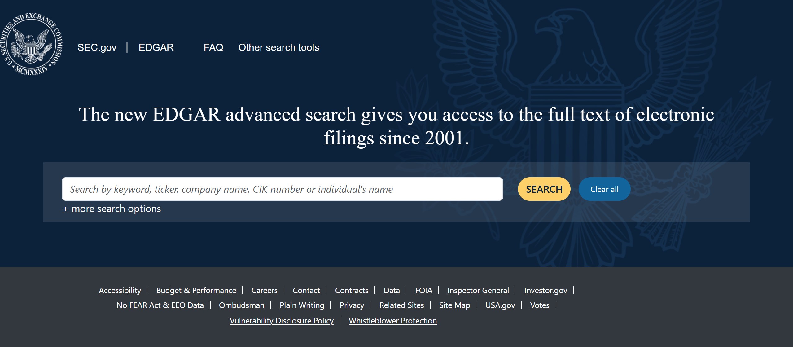 SEC EDGAR full text search page with a search box for keyword, ticker, company name, CIK number or an individual's name, covering electronic filings since 2001