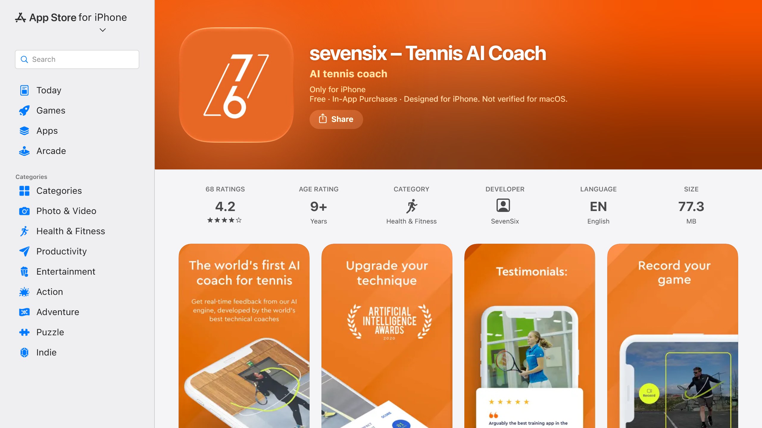 sevensix Tennis AI Coach US App Store listing header showing a 4.2 rating from 68 ratings, the Health and Fitness category and iPhone only